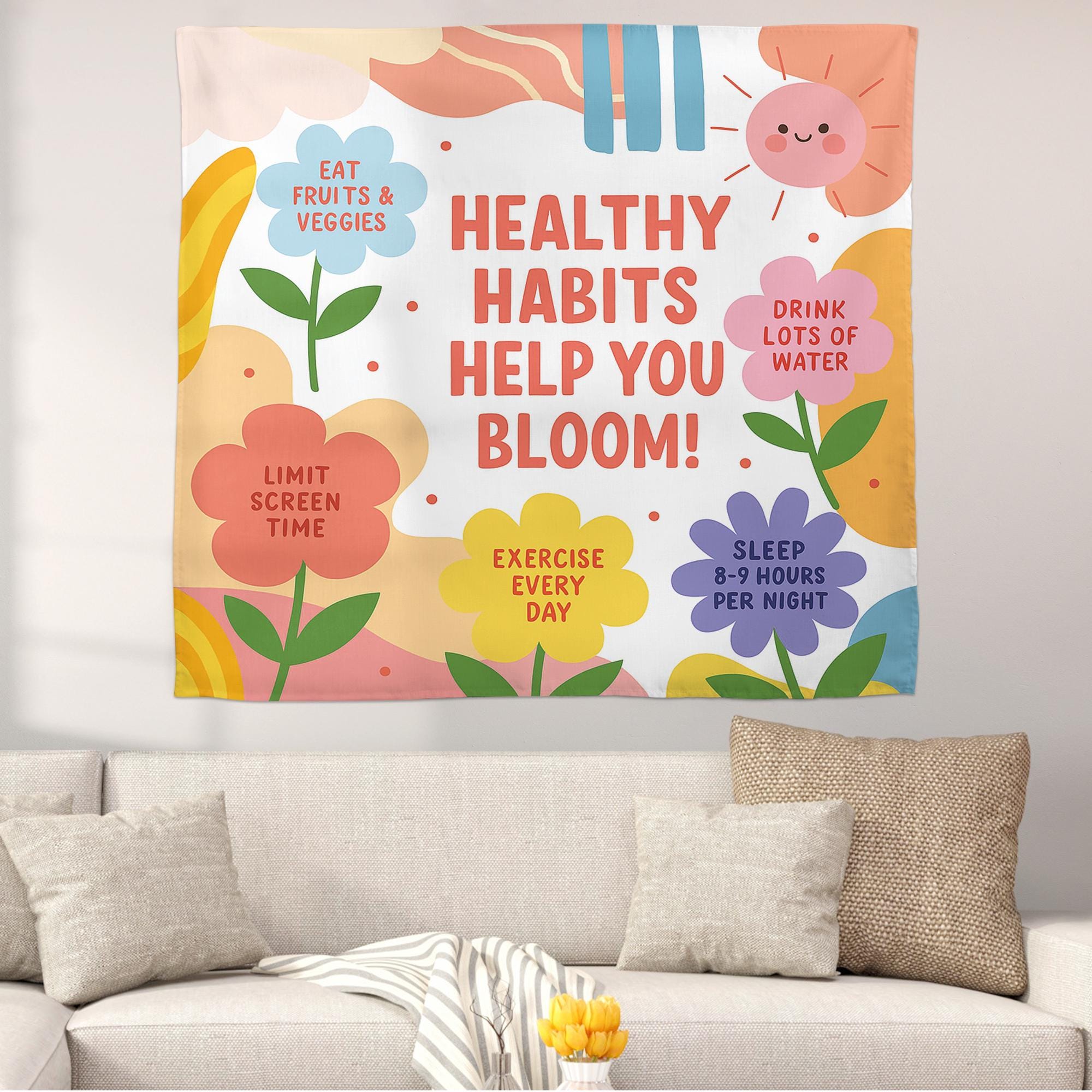 Healthy Habits Help You Bloom Wall Tapestry – Colorful Classroom Decor with Wellness Tips for Kids – Motivational School Banner, Class Decor