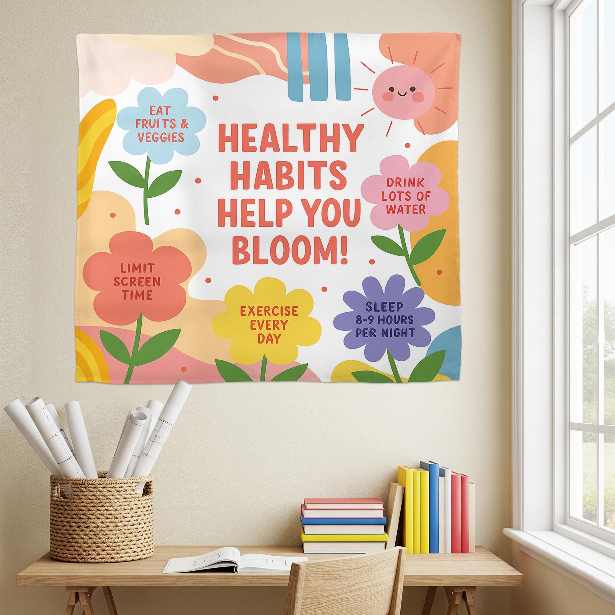Healthy Habits Help You Bloom Wall Tapestry – Colorful Classroom Decor with Wellness Tips for Kids – Motivational School Banner, Class Decor