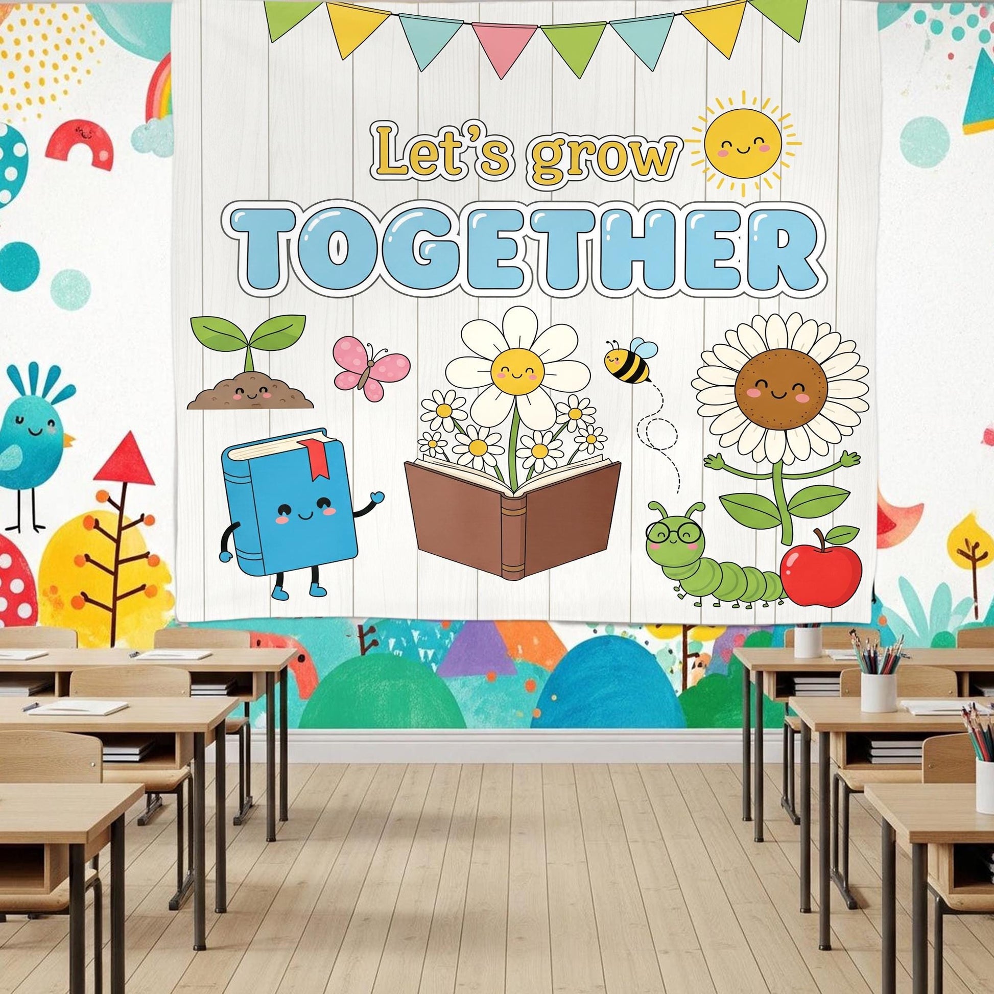 Let's Grow Together Classroom Tapestry, Cute Teacher Wall Decor, Growth Mindset Banner, Back to School Sign, Preschool Wall Art