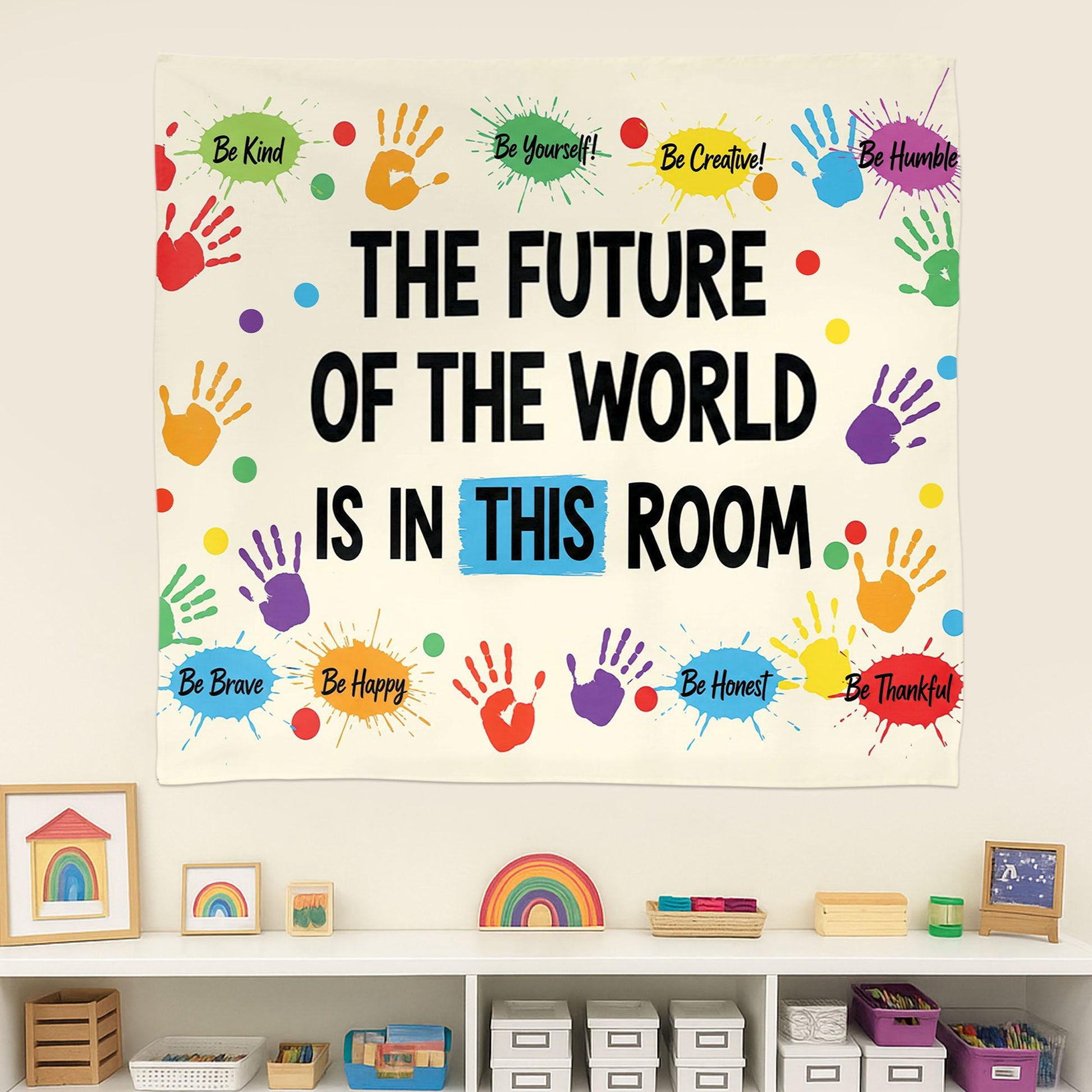 Inspirational Classroom Tapestry, Future of the World Quote Banner, Motivational Teacher Wall Decor, School Handprint Poster