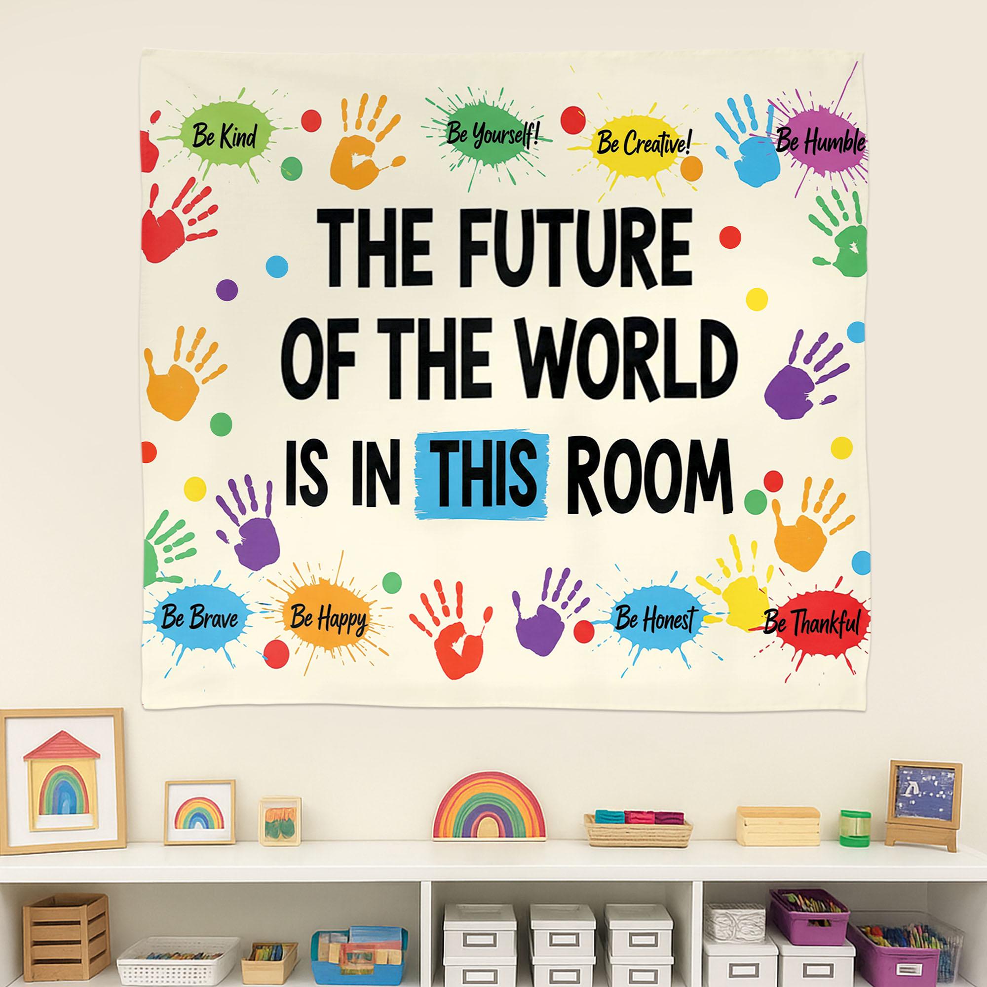 Inspirational Classroom Tapestry, Future of the World Quote Banner, Motivational Teacher Wall Decor, School Handprint Poster