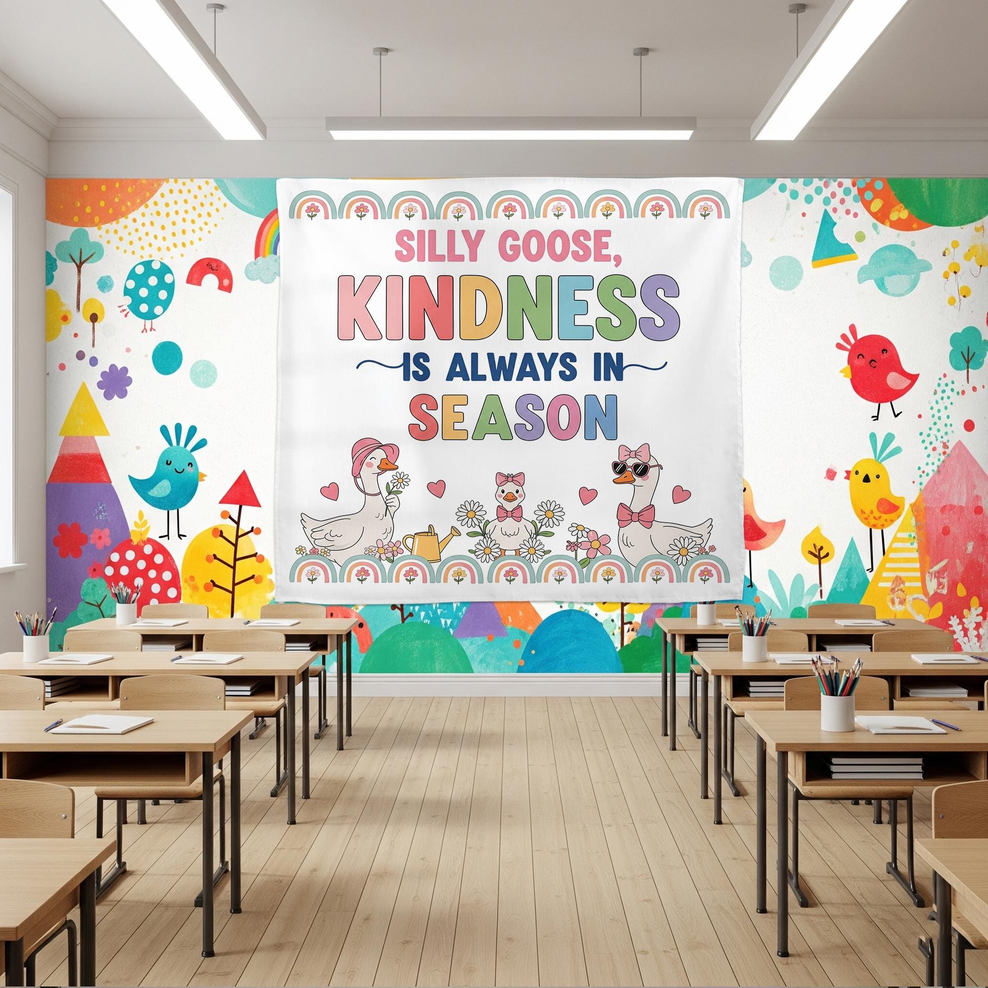 Silly Goose Kindness Wall Tapestry – Cute Classroom Decor with Goose & Rainbows – Positive Message Banner for Kids and Teachers, Educators