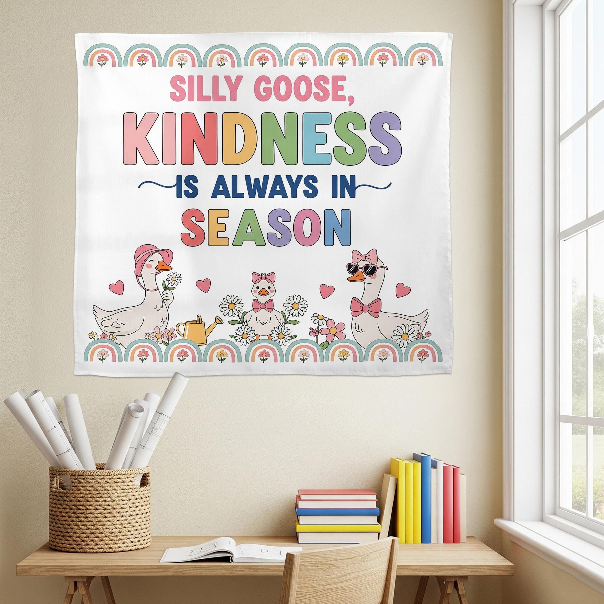 Silly Goose Kindness Wall Tapestry – Cute Classroom Decor with Goose & Rainbows – Positive Message Banner for Kids and Teachers, Educators