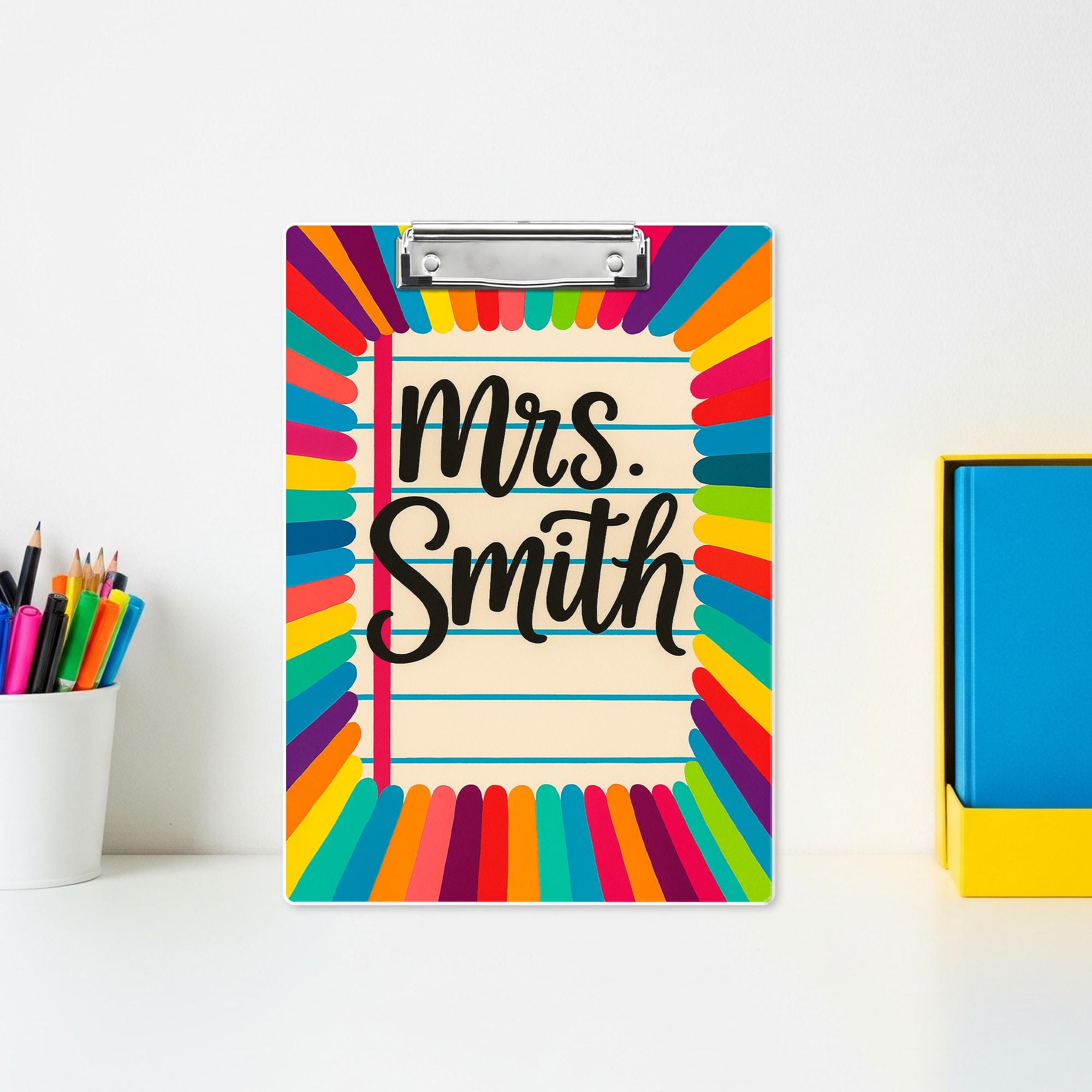 Personalized Teacher Clipboard – Rainbow Pencil Design with Custom Name – Cute Classroom Accessory for Teachers, Educators, Back to School