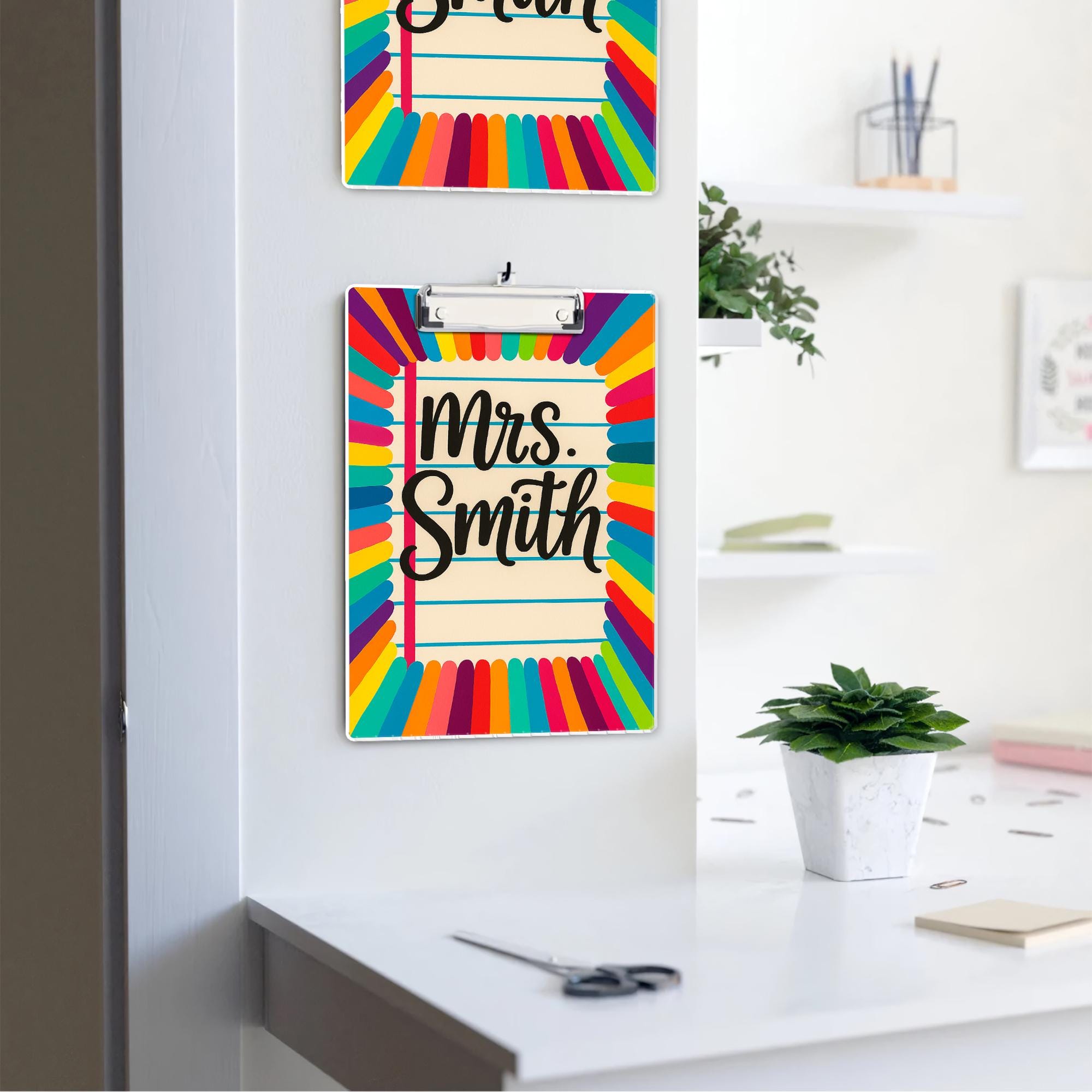 Personalized Teacher Clipboard – Rainbow Pencil Design with Custom Name – Cute Classroom Accessory for Teachers, Educators, Back to School