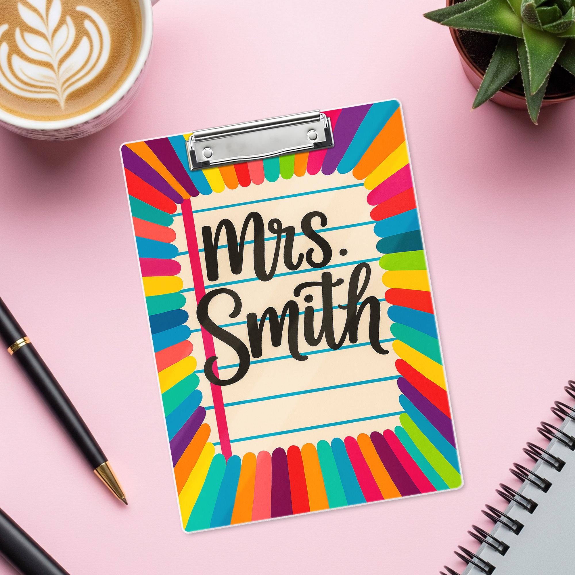 Personalized Teacher Clipboard – Rainbow Pencil Design with Custom Name – Cute Classroom Accessory for Teachers, Educators, Back to School