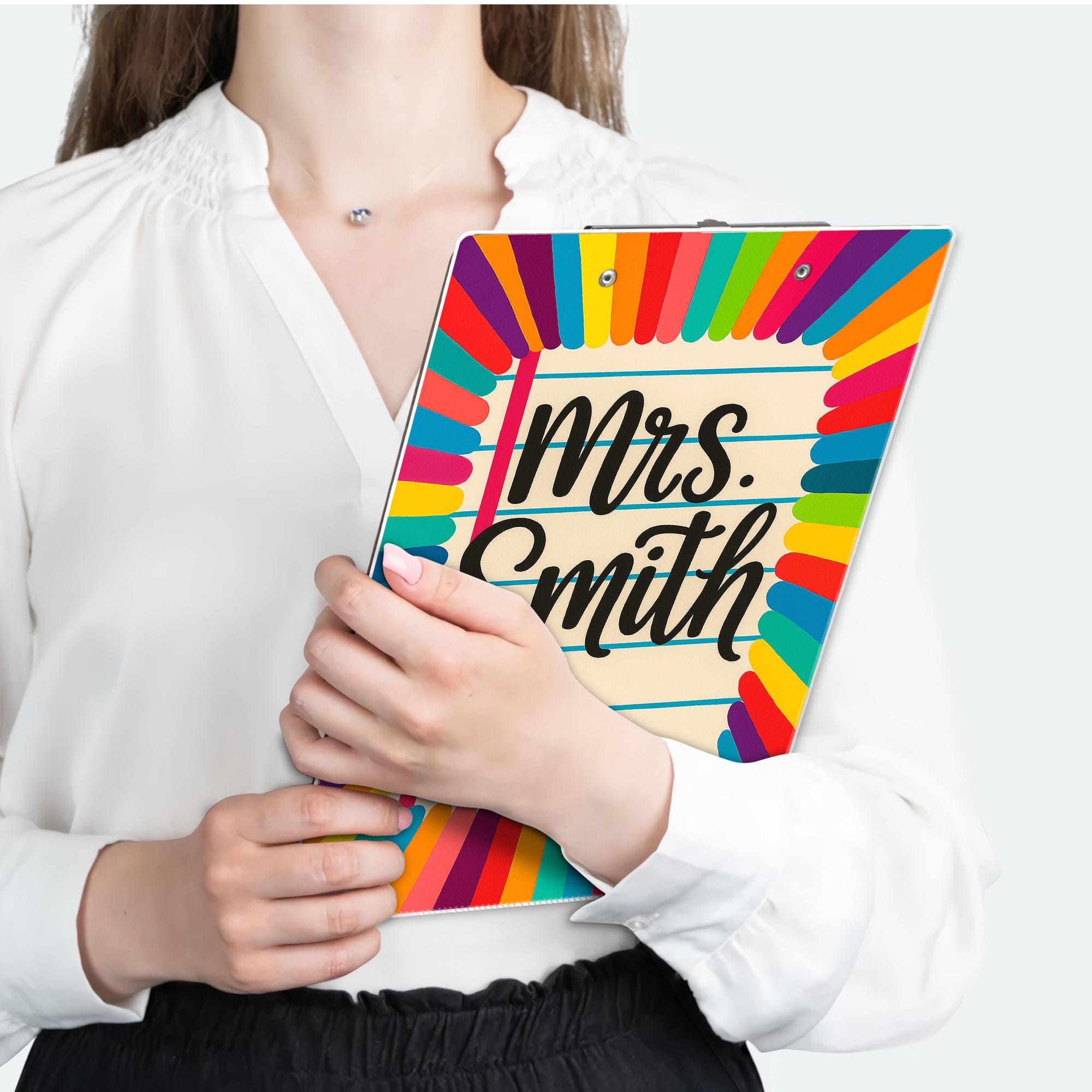 Personalized Teacher Clipboard – Rainbow Pencil Design with Custom Name – Cute Classroom Accessory for Teachers, Educators, Back to School