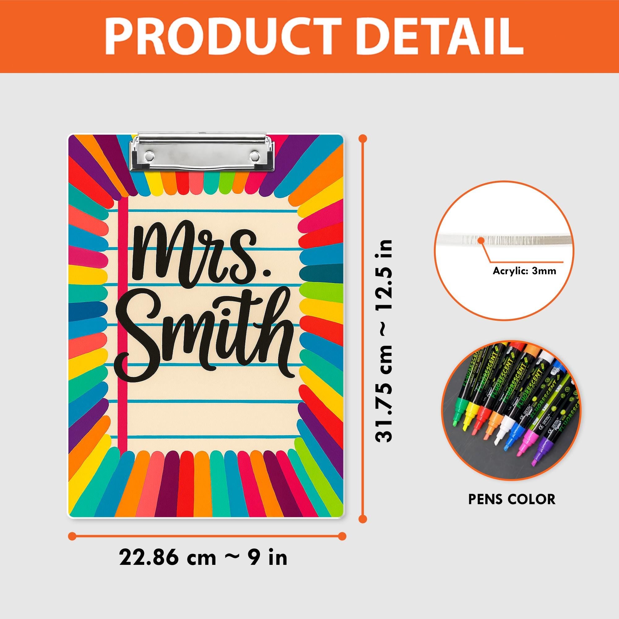 Personalized Teacher Clipboard – Rainbow Pencil Design with Custom Name – Cute Classroom Accessory for Teachers, Educators, Back to School