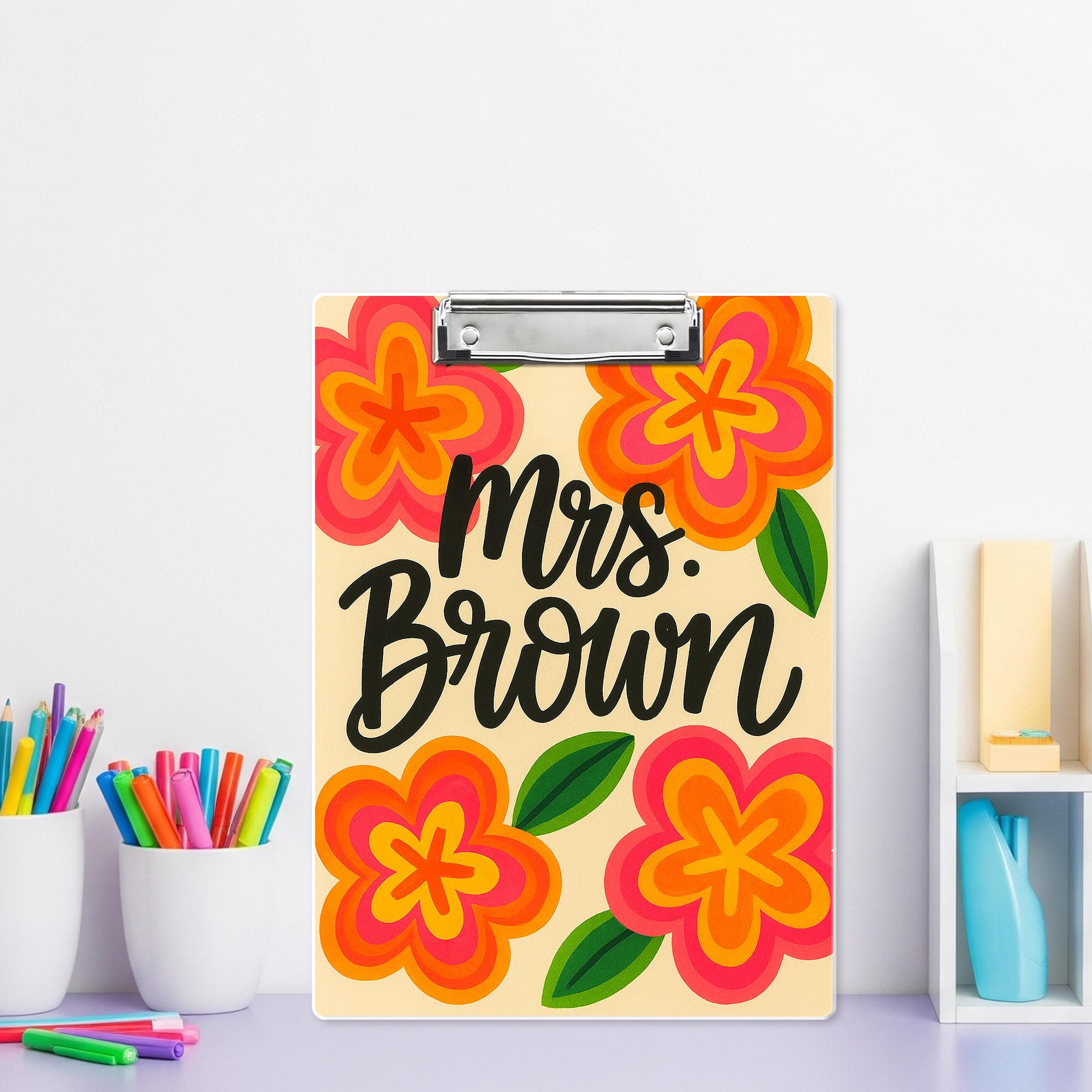 Custom Teacher Clipboard – Retro Floral Design with Personalized Name – Fun Back to School Gift for Teachers, Educators, Classroom Accessory