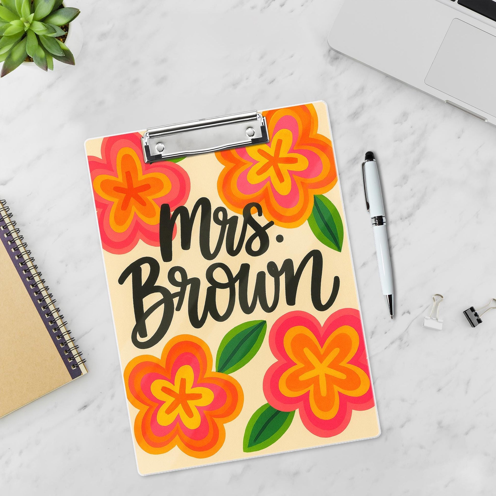 Custom Teacher Clipboard – Retro Floral Design with Personalized Name – Fun Back to School Gift for Teachers, Educators, Classroom Accessory