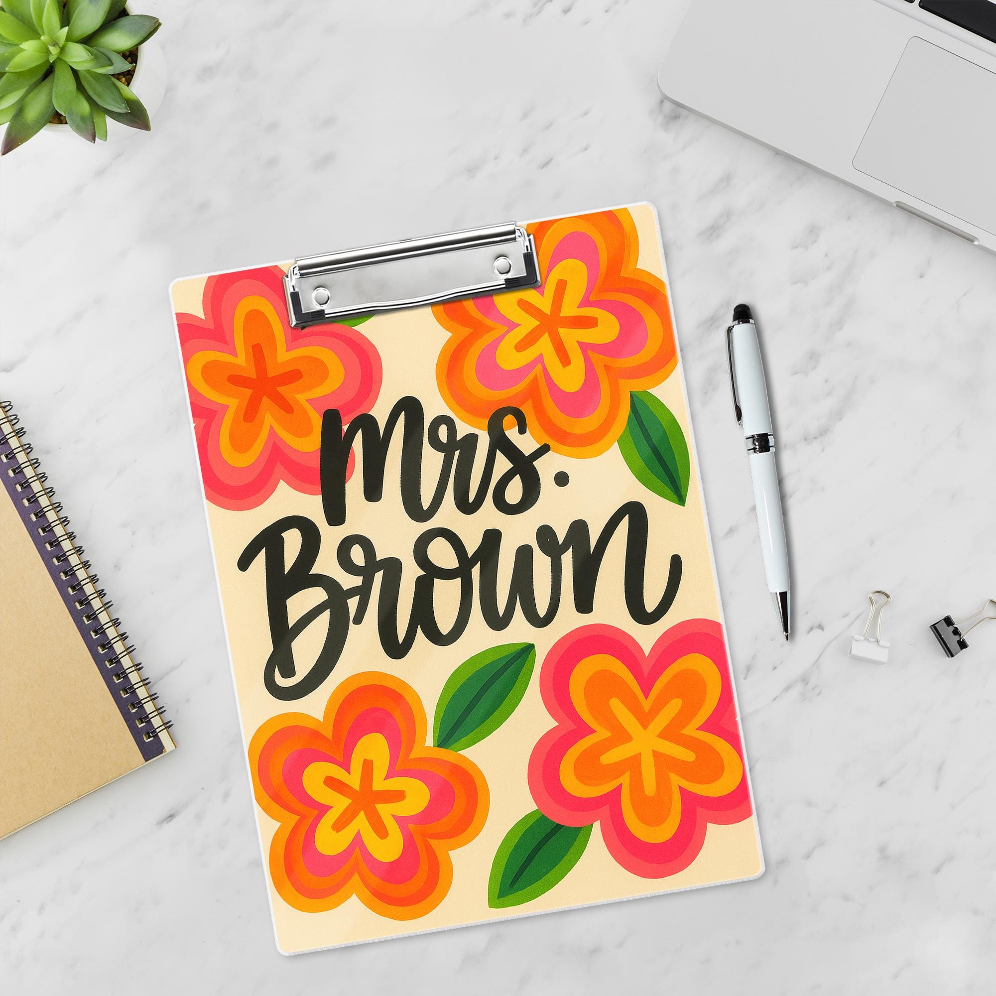 Custom Teacher Clipboard – Retro Floral Design with Personalized Name – Fun Back to School Gift for Teachers, Educators, Classroom Accessory