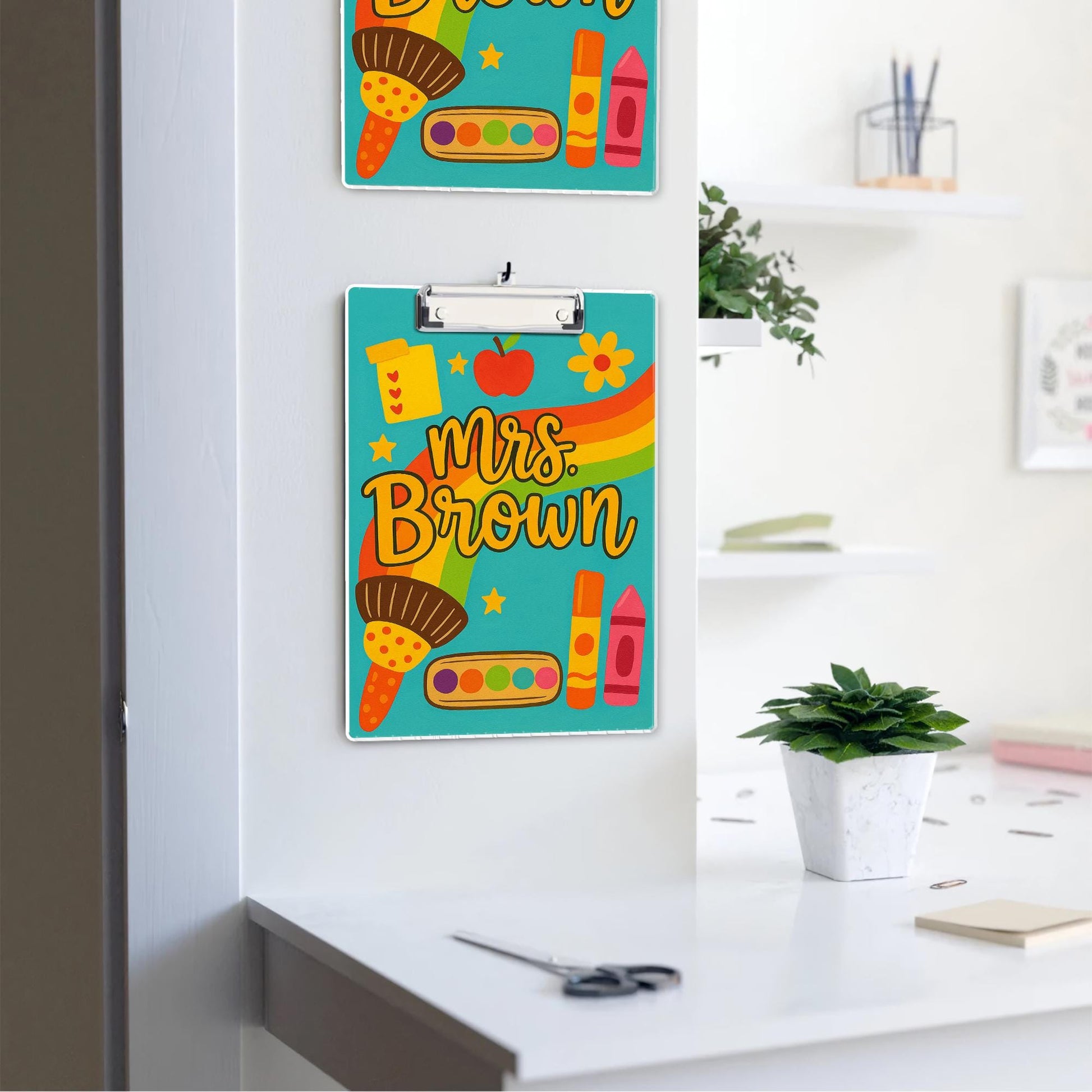 Custom Teacher Clipboard – Rainbow & Art Supplies Design with Name – Fun Back to School Gift for Teachers, Educators, Classroom Accessory