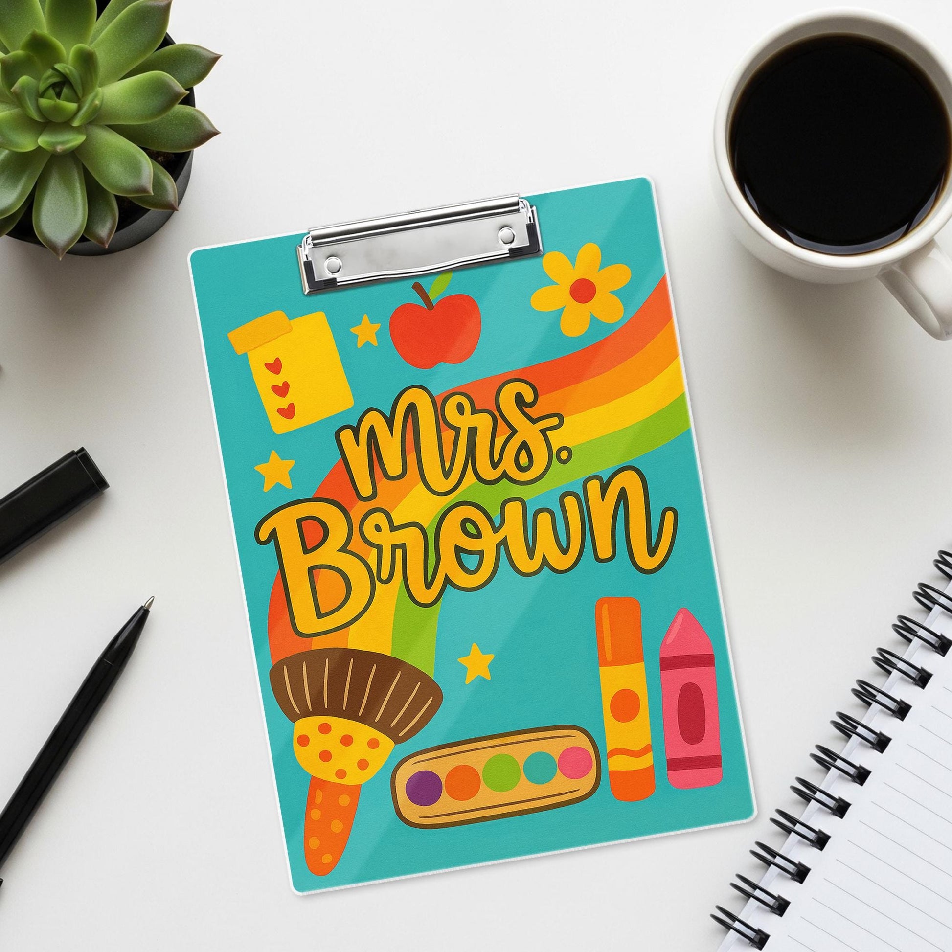 Custom Teacher Clipboard – Rainbow & Art Supplies Design with Name – Fun Back to School Gift for Teachers, Educators, Classroom Accessory