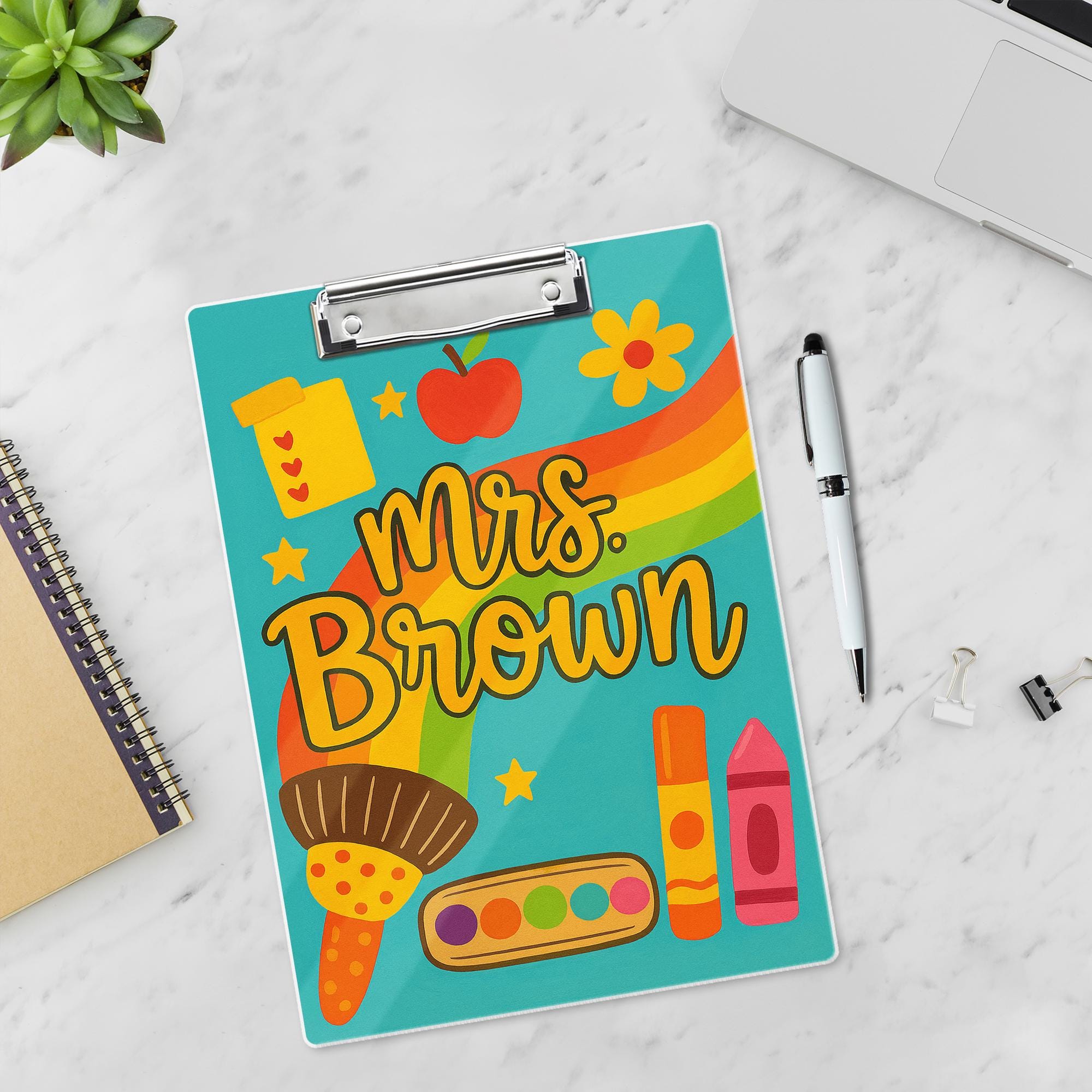 Custom Teacher Clipboard – Rainbow & Art Supplies Design with Name – Fun Back to School Gift for Teachers, Educators, Classroom Accessory