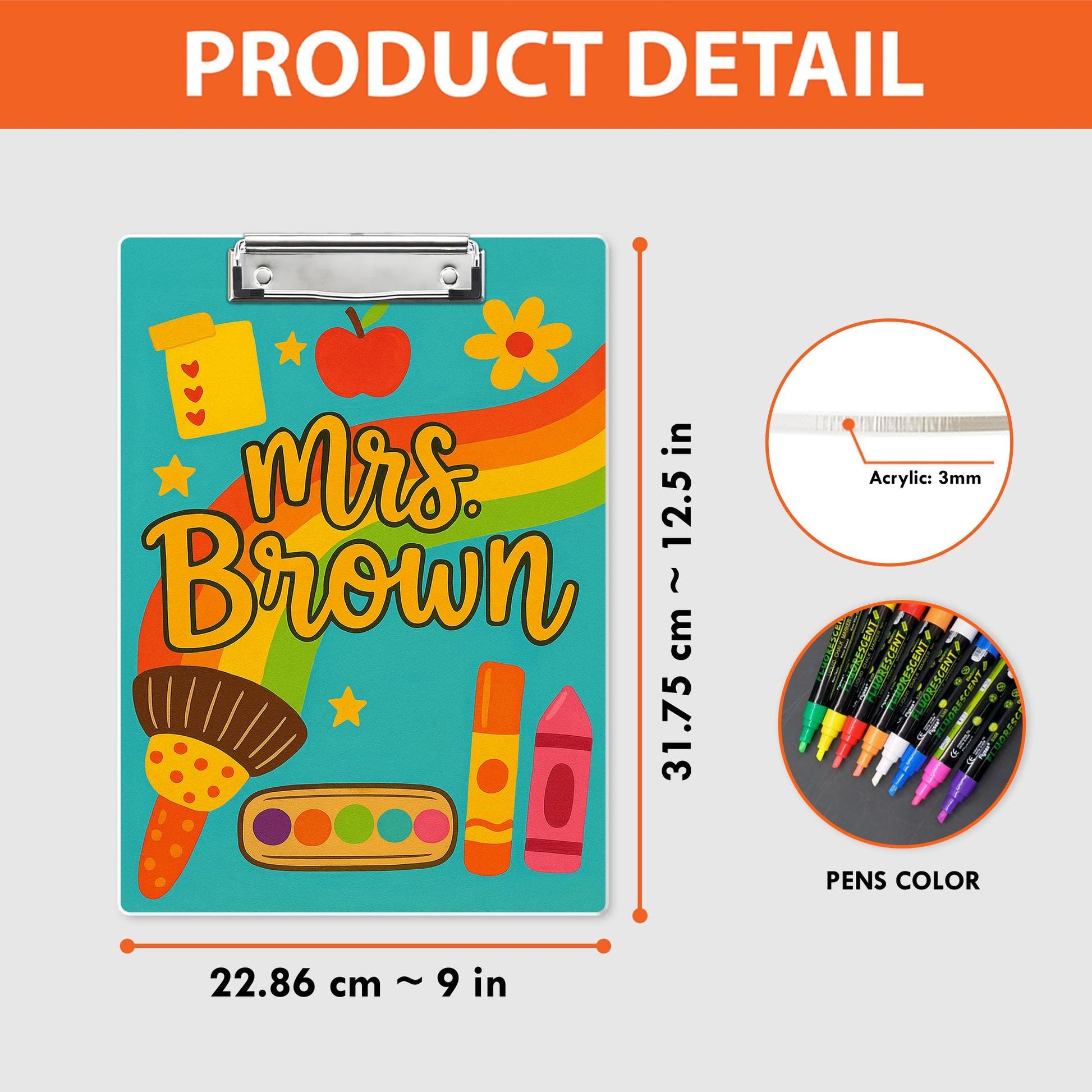 Custom Teacher Clipboard – Rainbow & Art Supplies Design with Name – Fun Back to School Gift for Teachers, Educators, Classroom Accessory