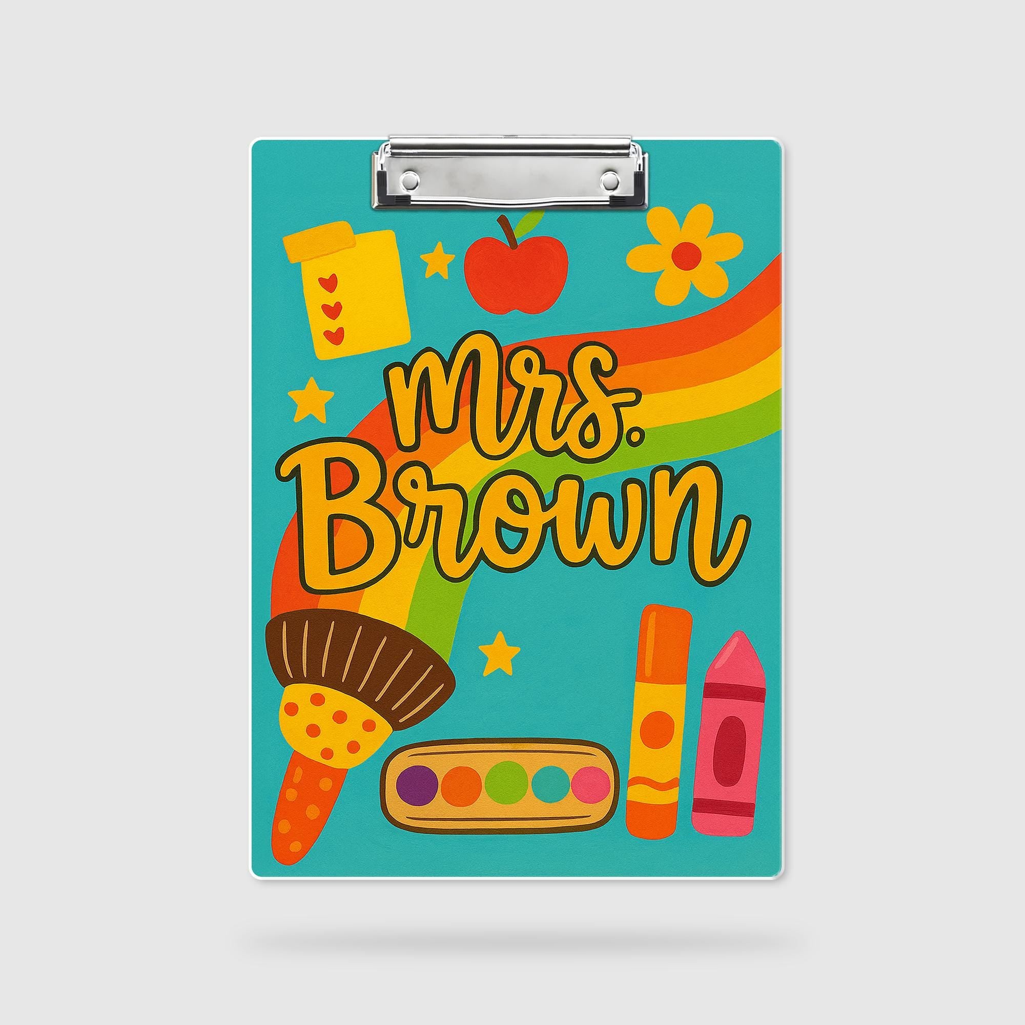 Custom Teacher Clipboard – Rainbow & Art Supplies Design with Name – Fun Back to School Gift for Teachers, Educators, Classroom Accessory