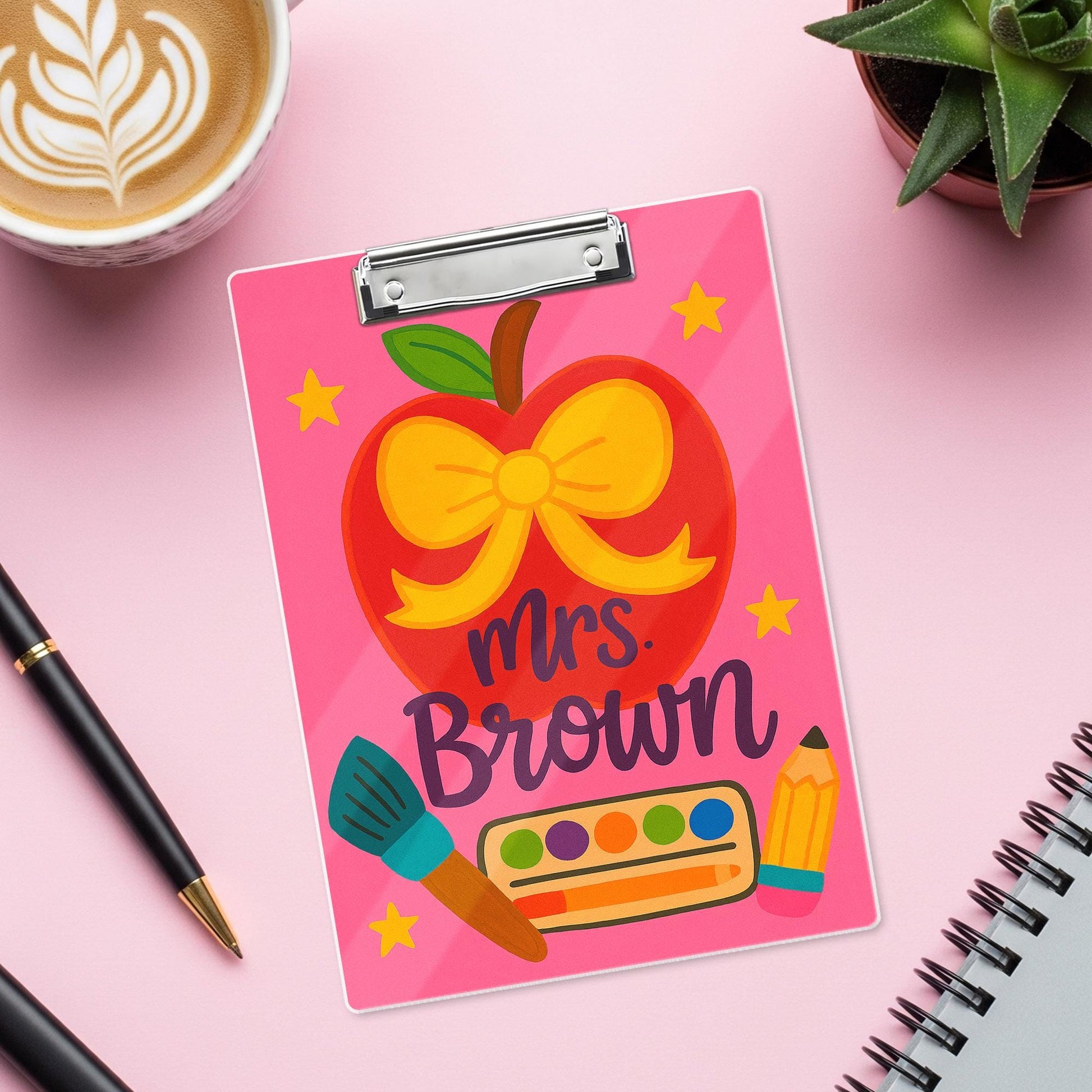 Personalized Teacher Clipboard – Cute Apple with Bow & Art Supplies Design, Custom Back to School Gift for Teachers, Educators, School Staff