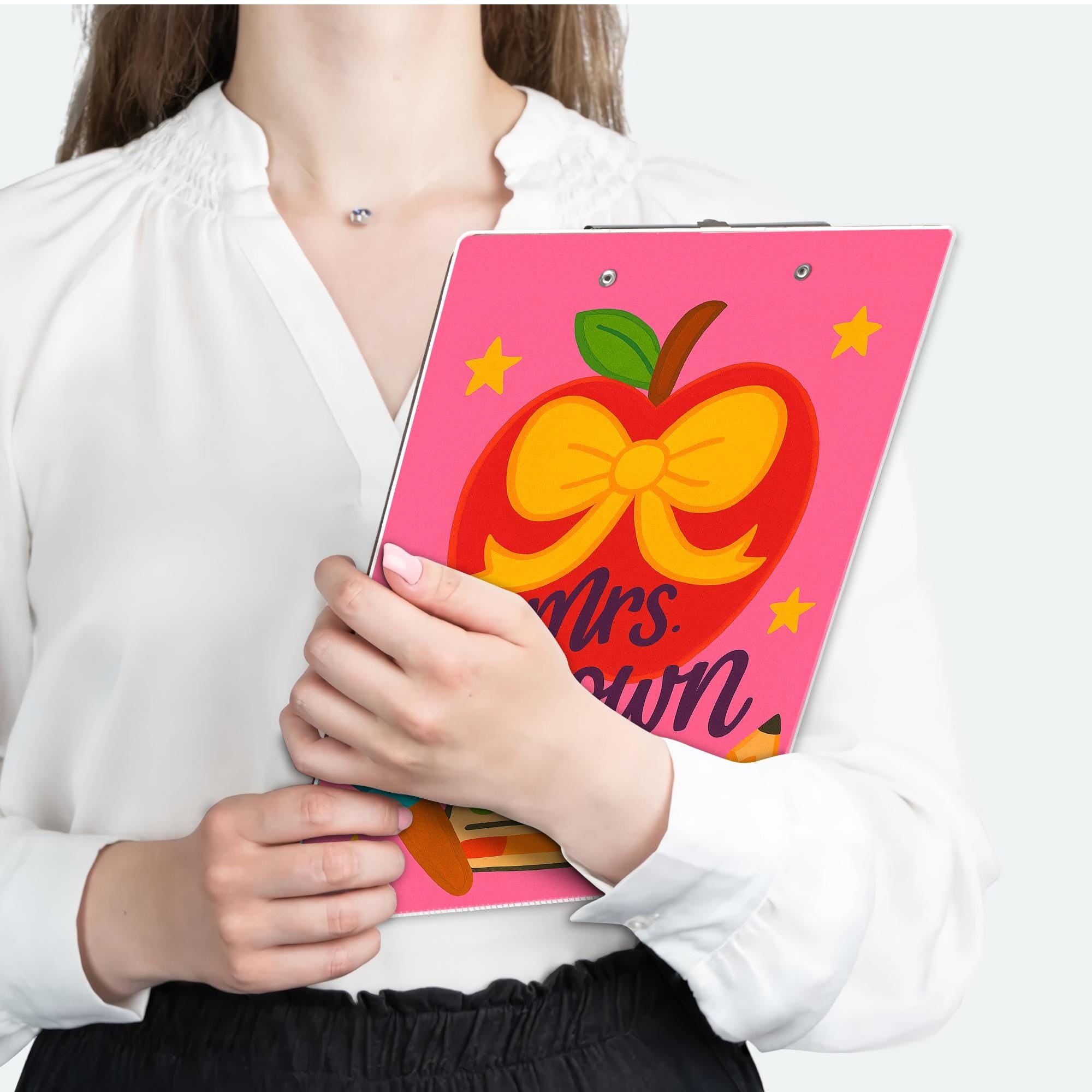 Personalized Teacher Clipboard – Cute Apple with Bow & Art Supplies Design, Custom Back to School Gift for Teachers, Educators, School Staff