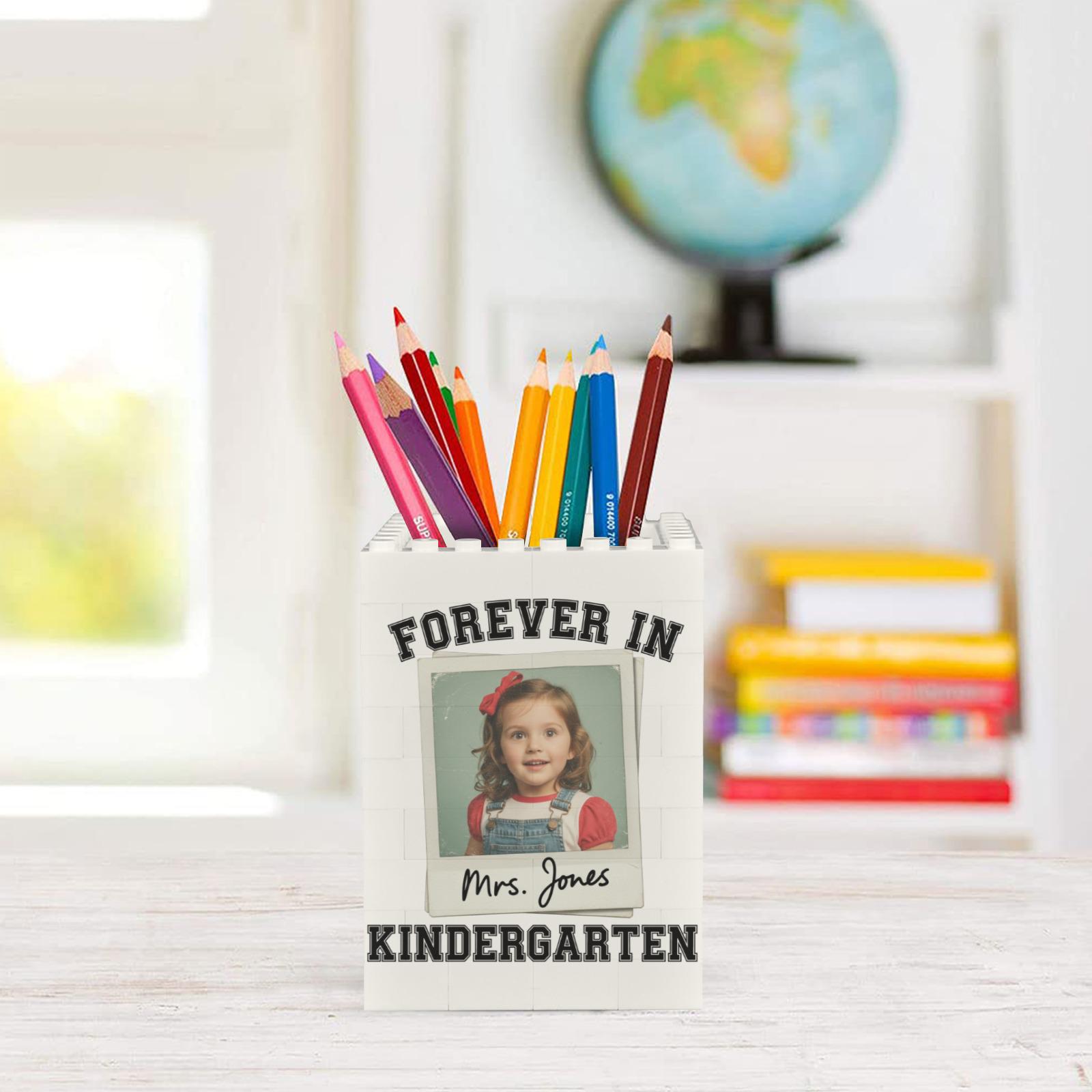 Custom Teacher Brick Pencil Holder, Forever in Kindergarten Gift - Personalized Photo Desk Organizer - End of Year Teacher Appreciation Gift