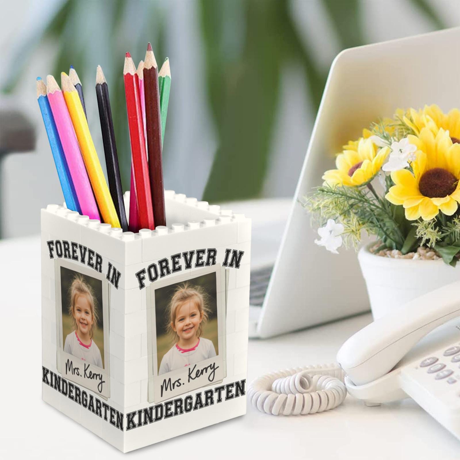 Custom Teacher Brick Pencil Holder, Forever in Kindergarten Gift - Personalized Photo Desk Organizer - End of Year Teacher Appreciation Gift