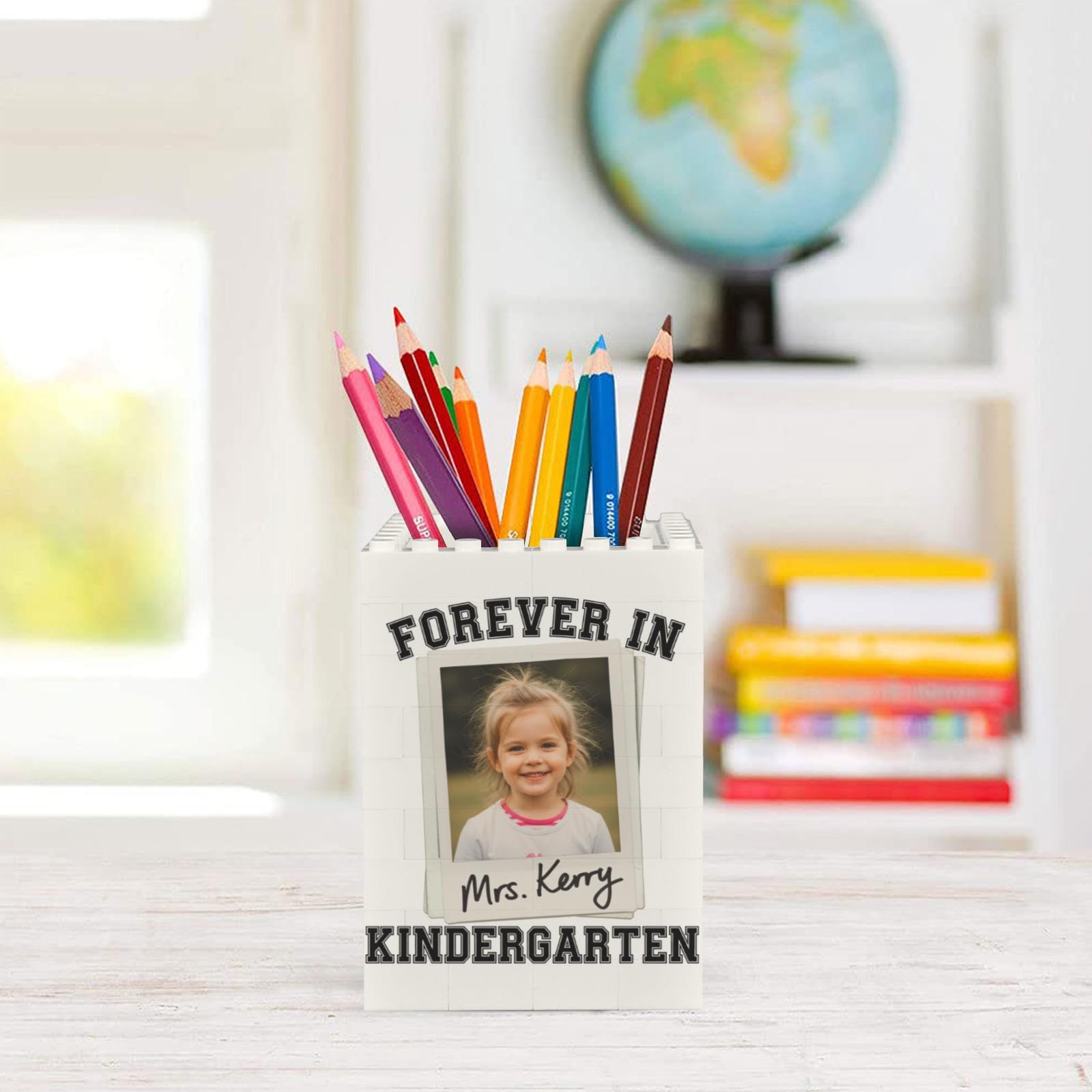 Custom Teacher Brick Pencil Holder, Forever in Kindergarten Gift - Personalized Photo Desk Organizer - End of Year Teacher Appreciation Gift