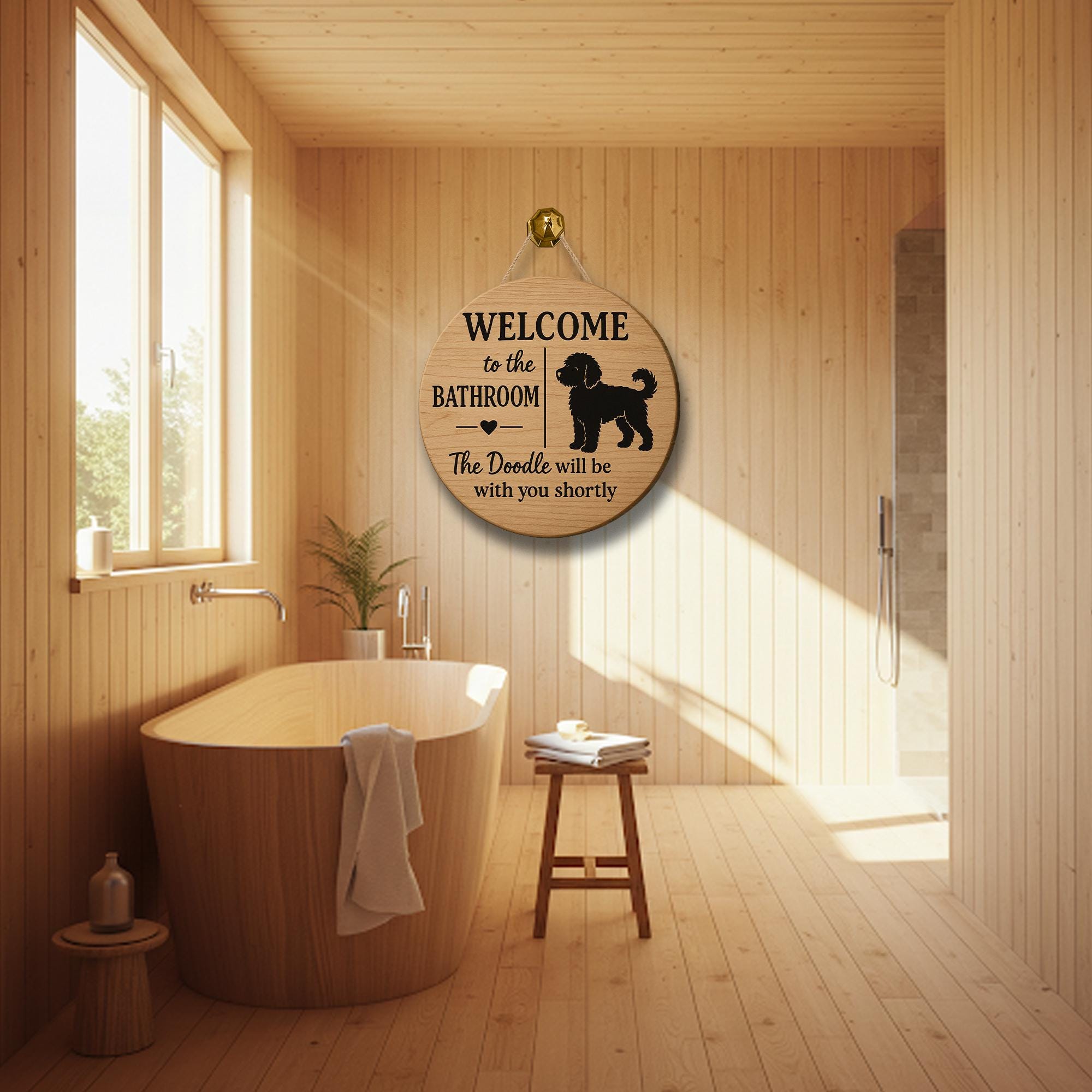 Funny Bathroom Sign with Doodle Dog, Welcome Bathroom Decor, Rustic Wood Wall Plaque, Pet Lover Gift, Doodle Humor Sign, Funny Bathroom Sign