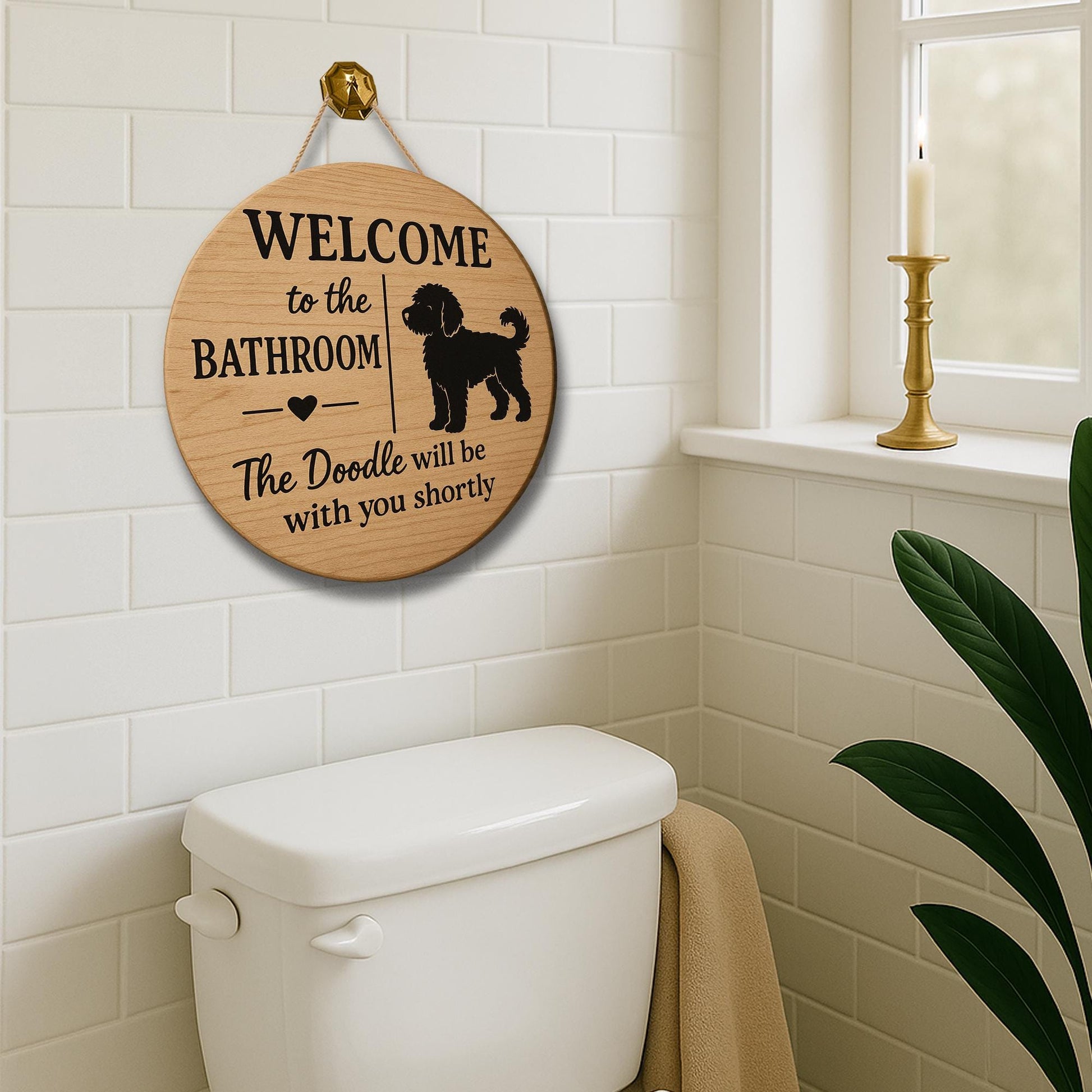Funny Bathroom Sign with Doodle Dog, Welcome Bathroom Decor, Rustic Wood Wall Plaque, Pet Lover Gift, Doodle Humor Sign, Funny Bathroom Sign