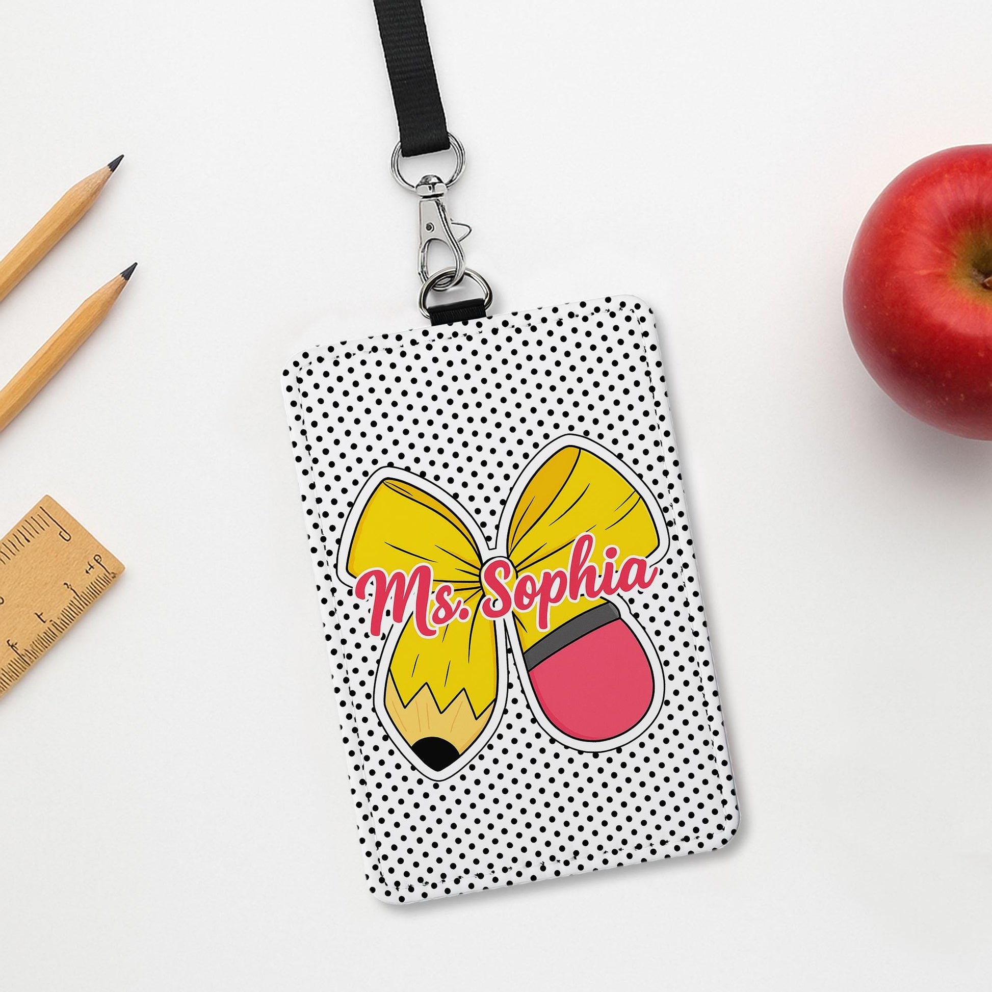 Personalized  Teacher Lanyard ID Badge Holder, Back to School Gift, Cute Pencil Bow Design, Custom Teacher Name Tag, Teacher ID Holder