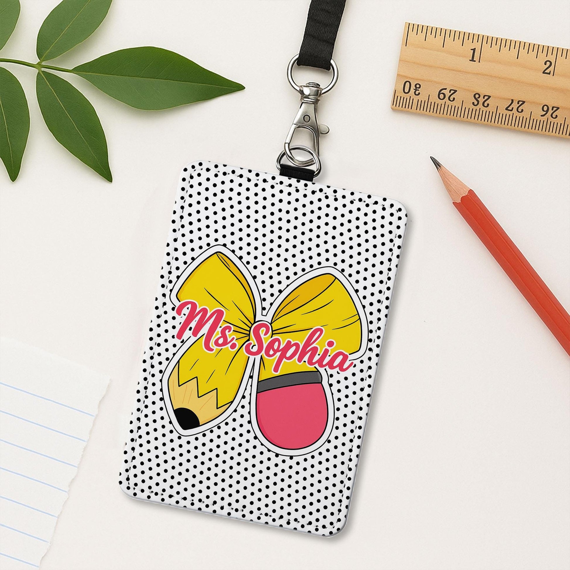 Personalized  Teacher Lanyard ID Badge Holder, Back to School Gift, Cute Pencil Bow Design, Custom Teacher Name Tag, Teacher ID Holder