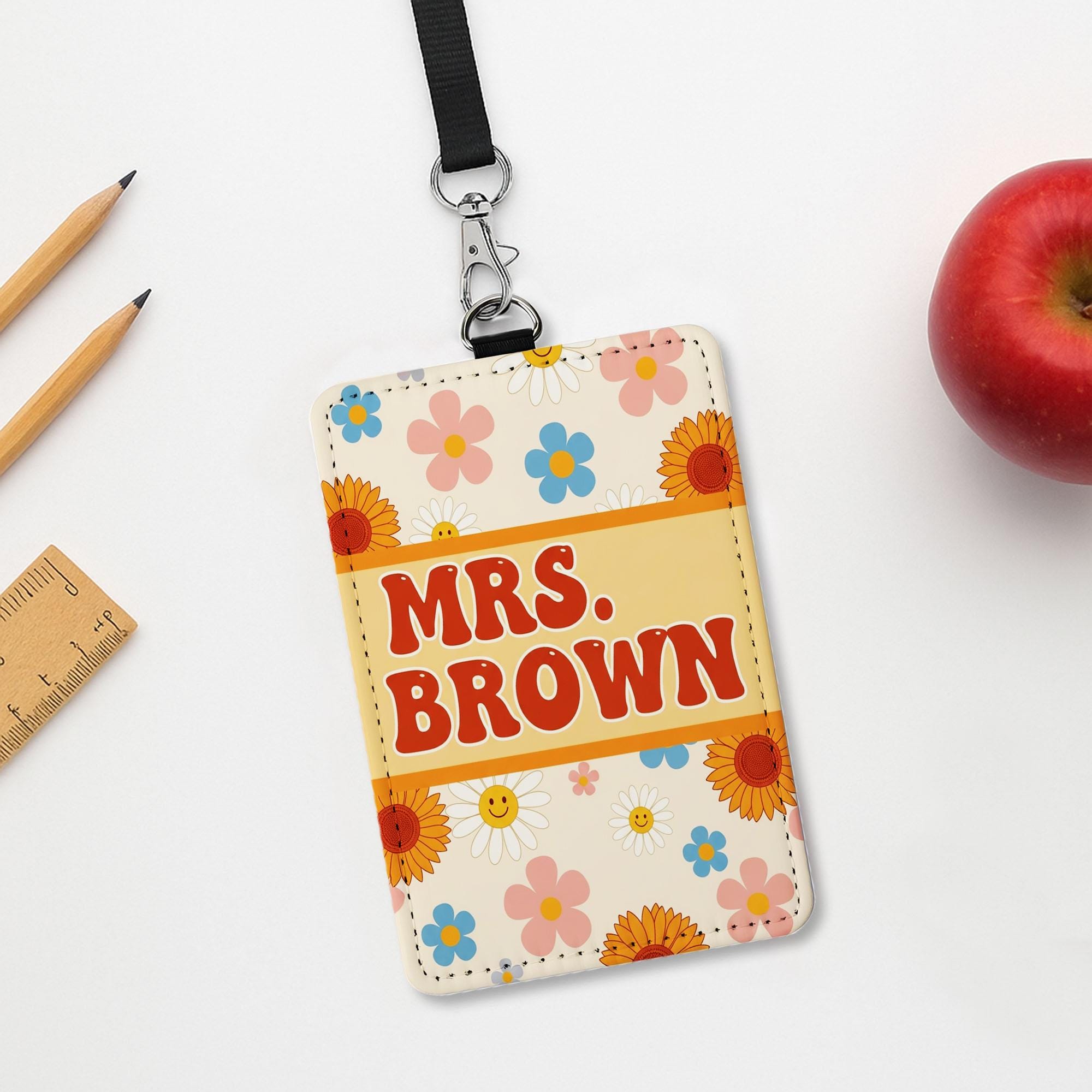 Retro Floral Teacher Badge Holder, Personalized Leather ID Tag, Cute Custom Name Lanyard, Back to School Gift for Teacher