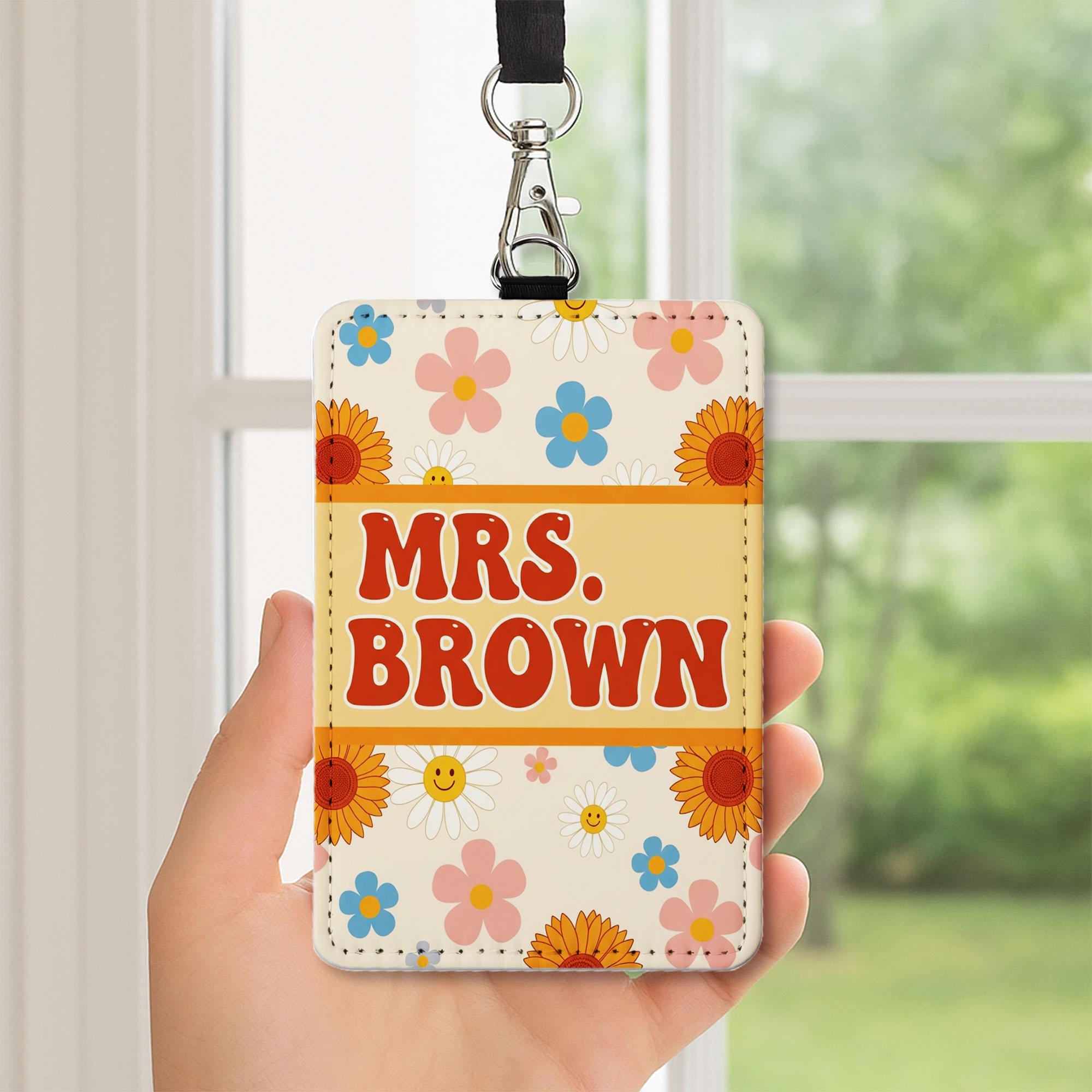 Retro Floral Teacher Badge Holder, Personalized Leather ID Tag, Cute Custom Name Lanyard, Back to School Gift for Teacher