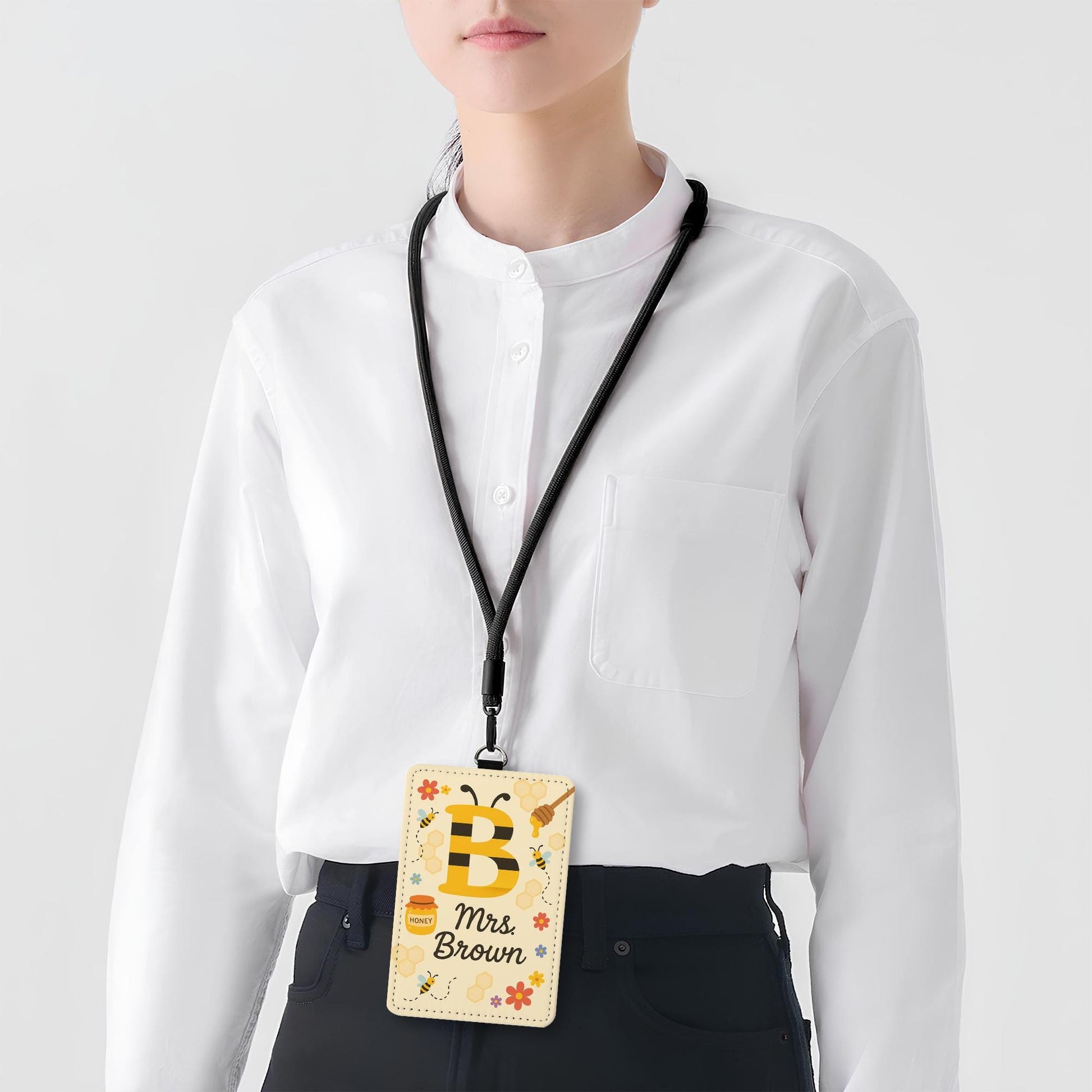 Bee Themed Teacher Badge Holder, Personalized Leather ID Tag, Cute Custom Back to School Gift, Teacher Honey Bee Lanyard