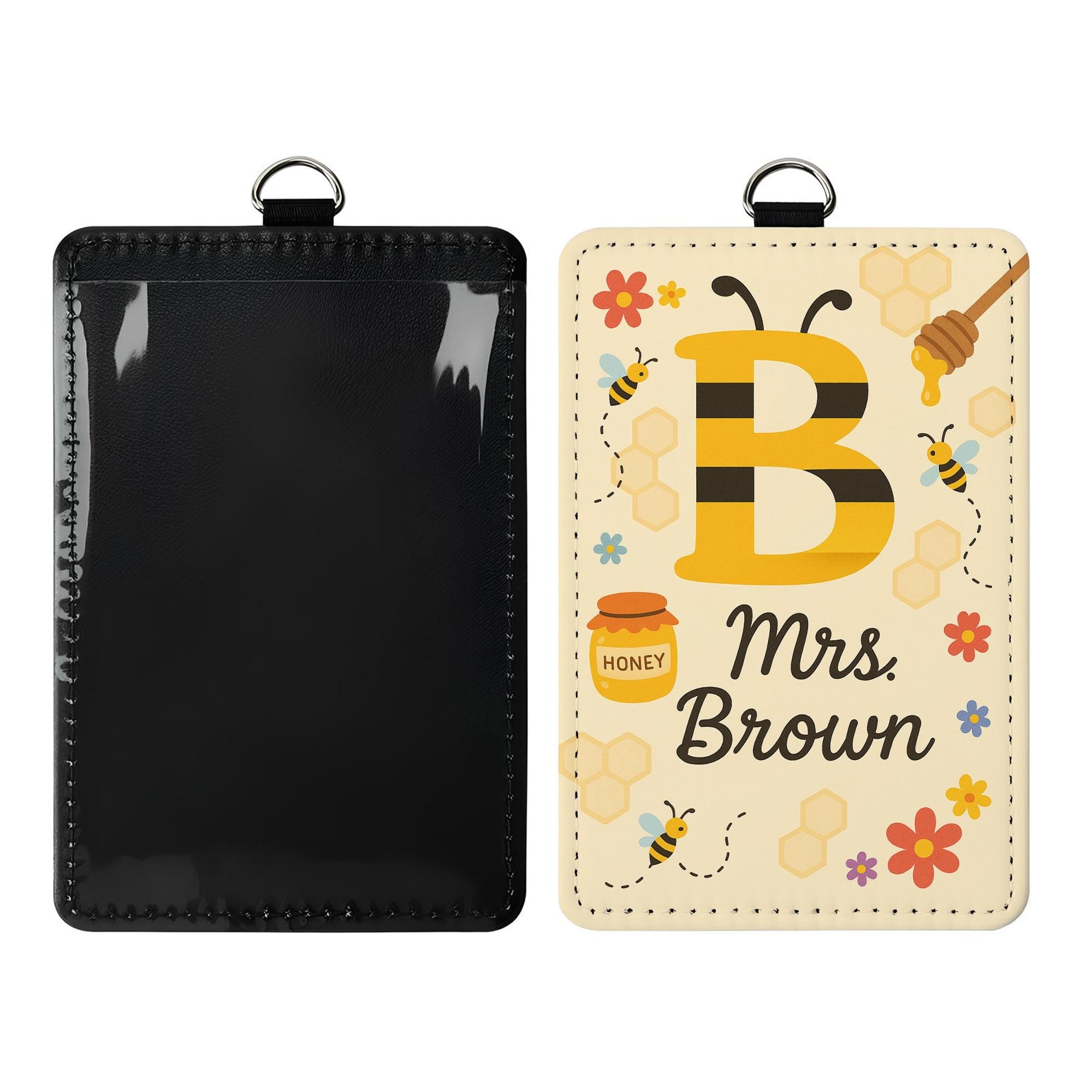 Bee Themed Teacher Badge Holder, Personalized Leather ID Tag, Cute Custom Back to School Gift, Teacher Honey Bee Lanyard