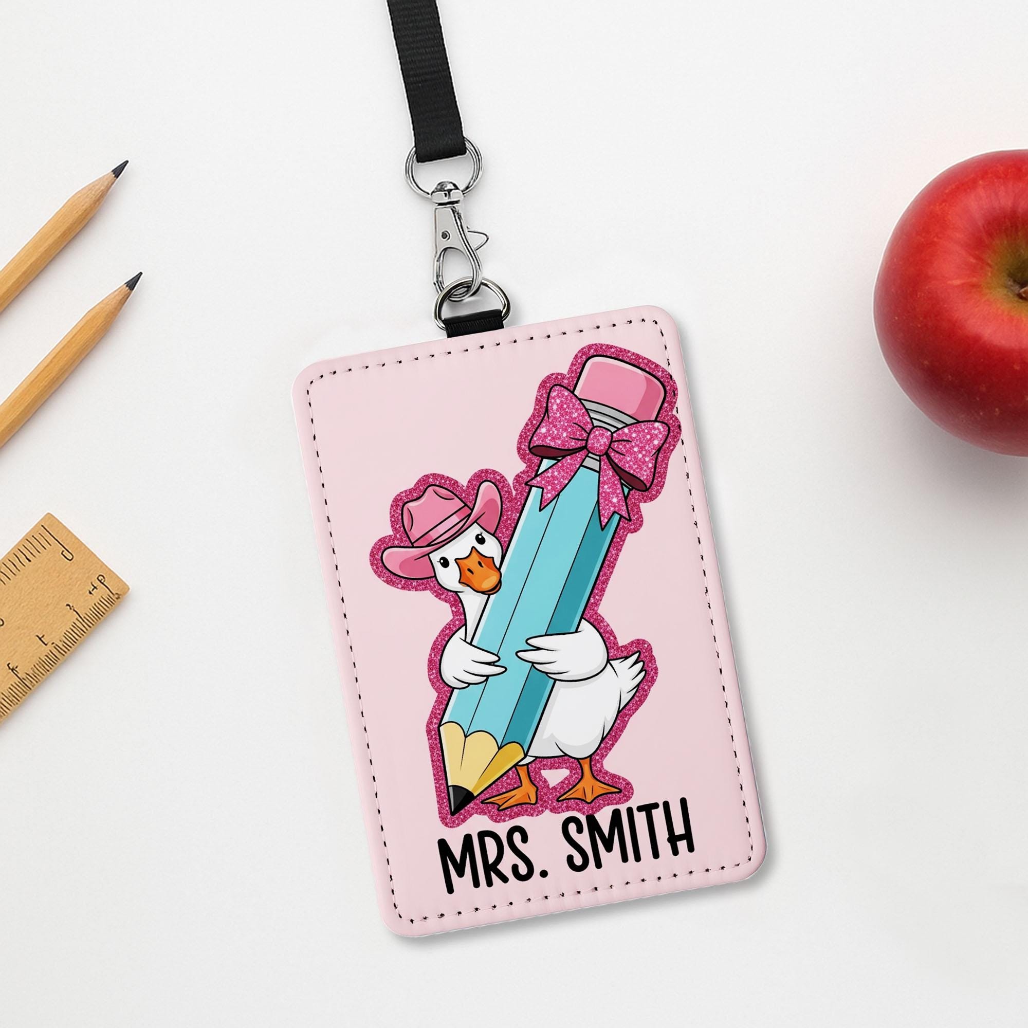 Silly Goose Teacher Badge Holder, Funny Cowboy Goose ID Tag, Personalized Leather Lanyard, Back to School Gift for Teacher