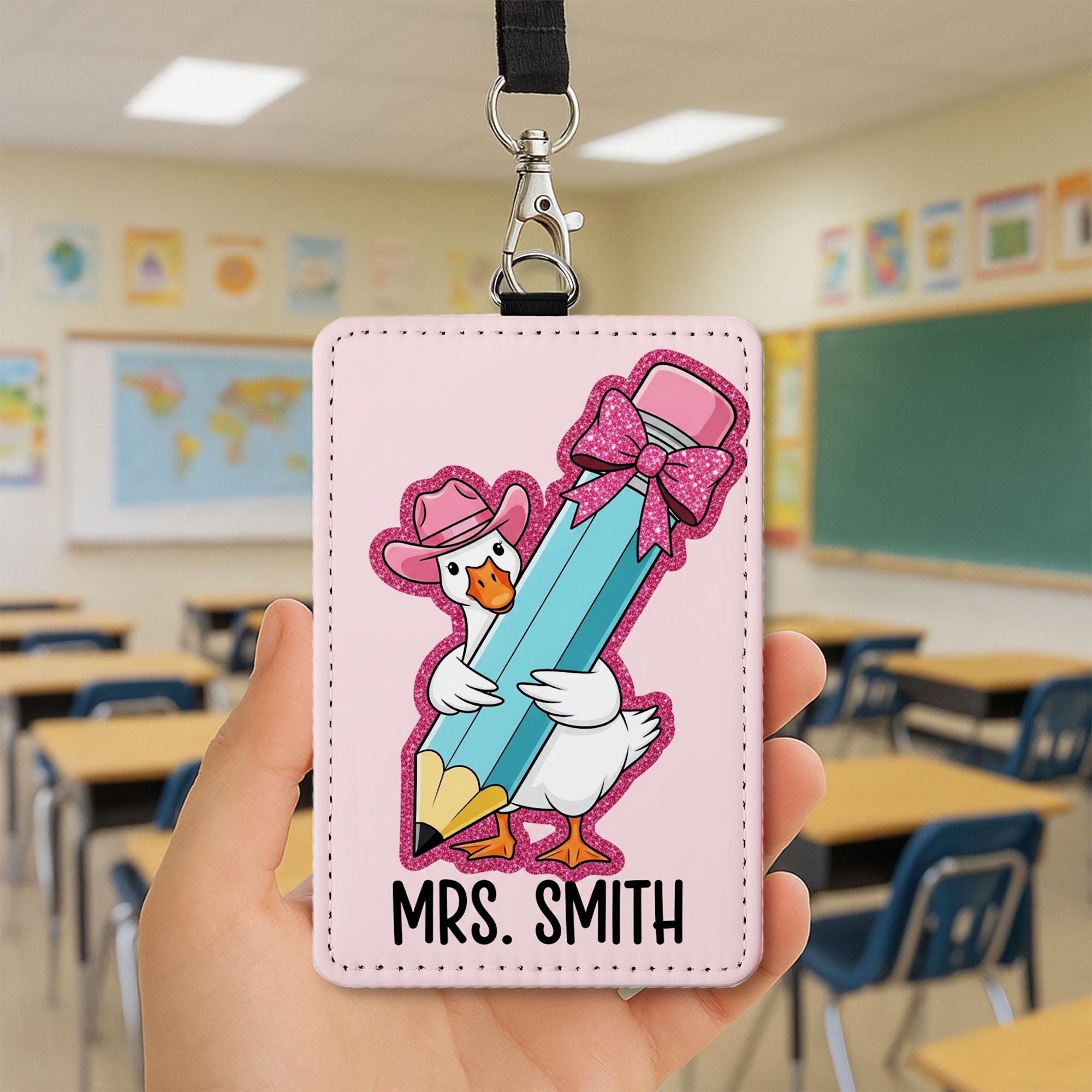 Silly Goose Teacher Badge Holder, Funny Cowboy Goose ID Tag, Personalized Leather Lanyard, Back to School Gift for Teacher