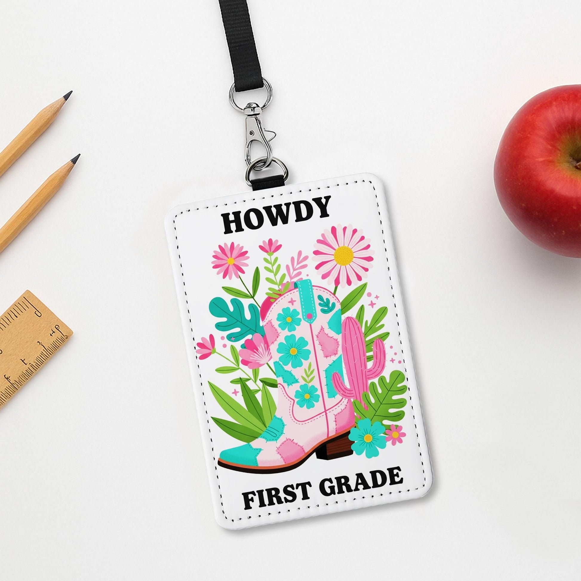 Howdy First Grade Badge Holder, Western Teacher ID Tag, Floral Cowgirl Boot Lanyard, Leather Name Tag, Back to School Gift