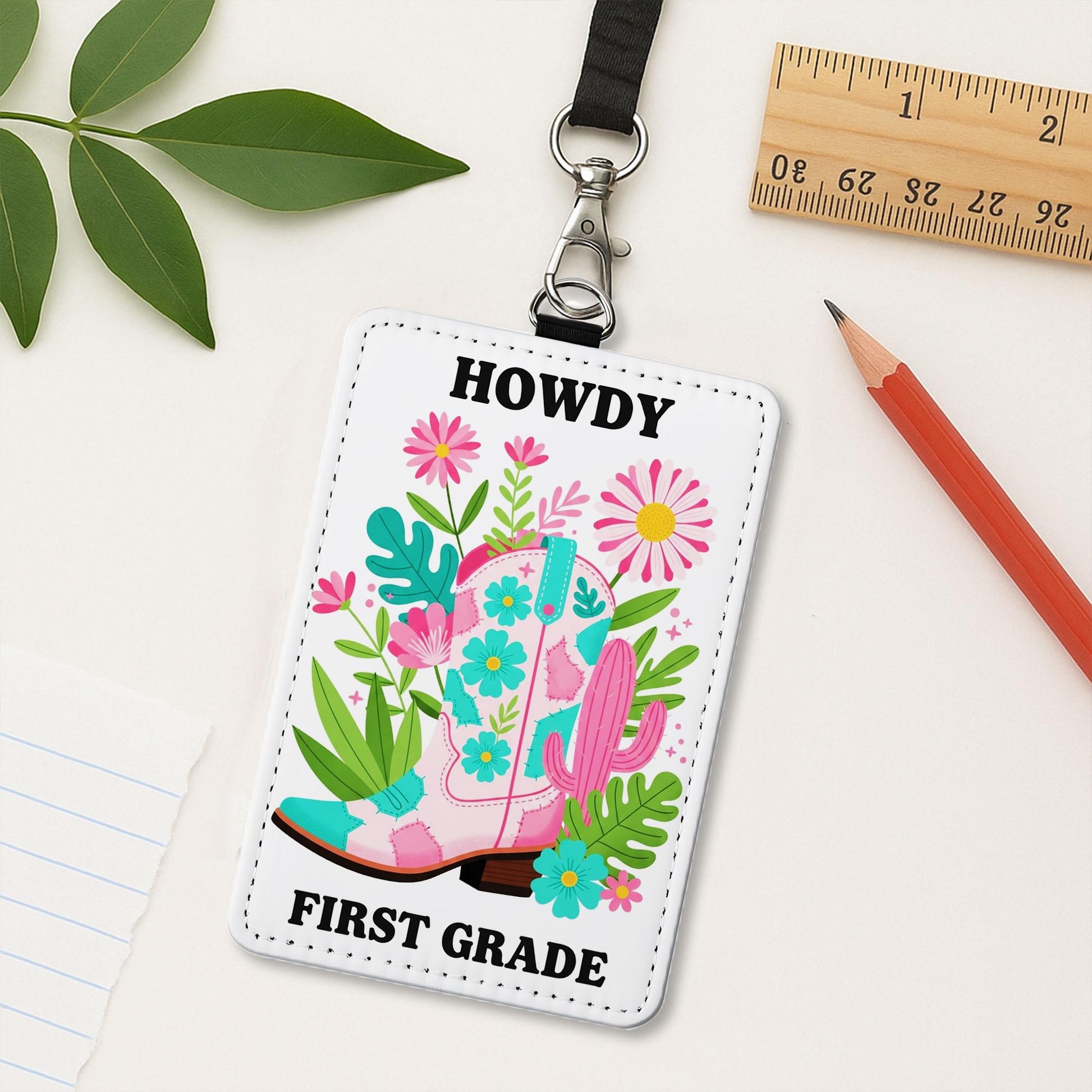 Howdy First Grade Badge Holder, Western Teacher ID Tag, Floral Cowgirl Boot Lanyard, Leather Name Tag, Back to School Gift