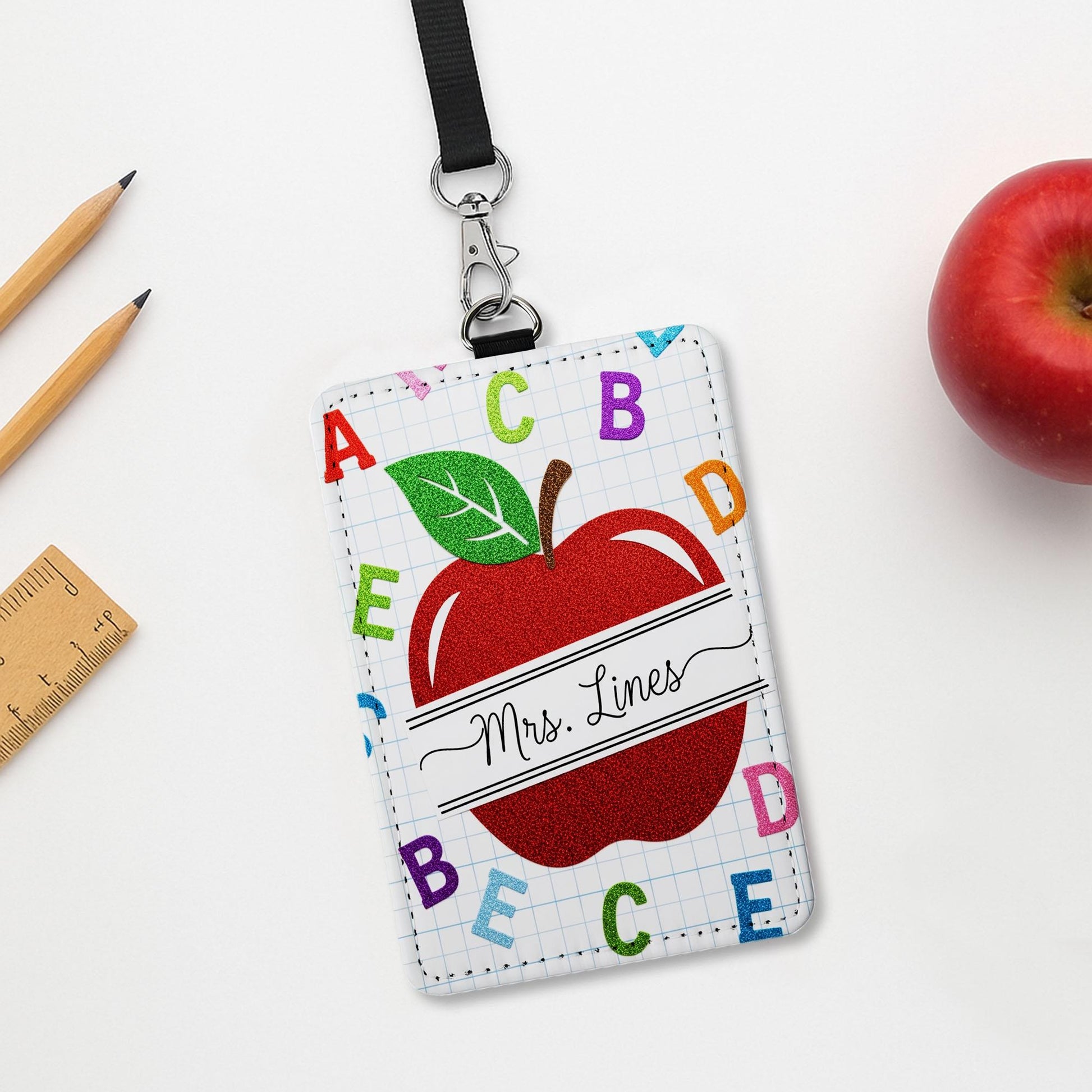 Personalized  Apple Teacher Badge Holder, ABC Name Tag, Faux Glitter Alphabet ID Lanyard, Leather Holder for Teacher , Back to School Gift