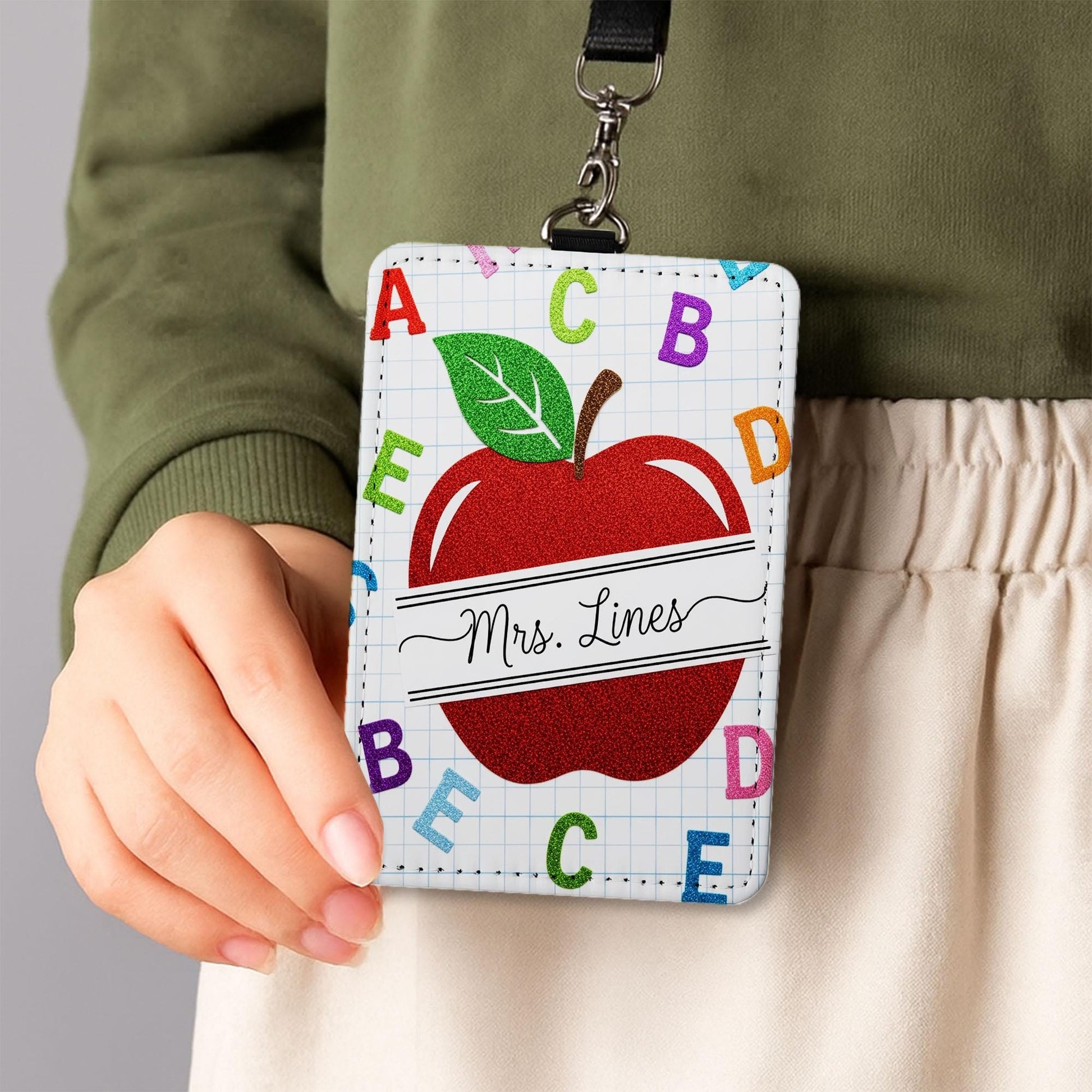 Personalized  Apple Teacher Badge Holder, ABC Name Tag, Faux Glitter Alphabet ID Lanyard, Leather Holder for Teacher , Back to School Gift