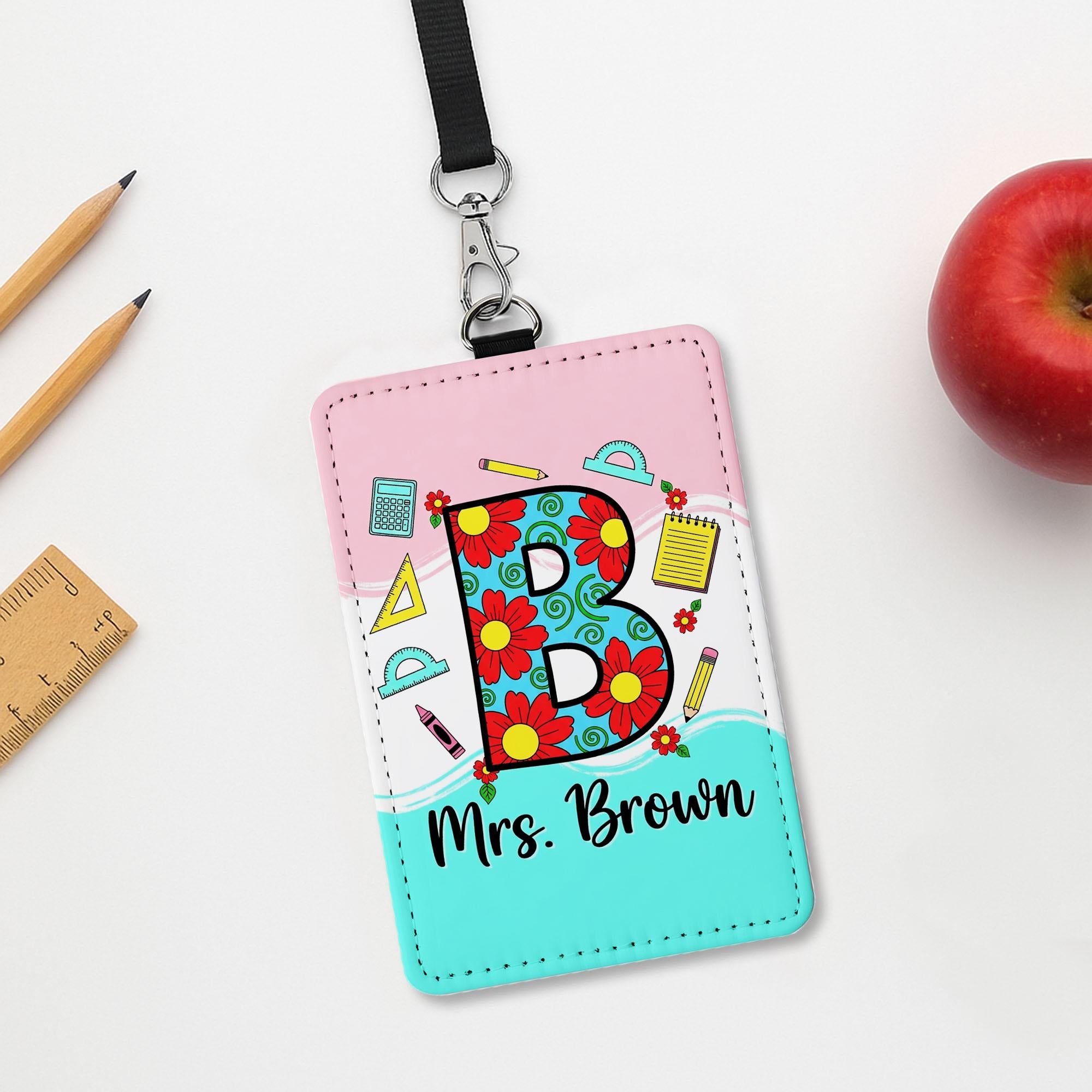 Personalized Letter Name Teacher Badge Holder, Floral Letter ID Tag, Custom Name Lanyard, Back to School Gift , Fun Classroom Style