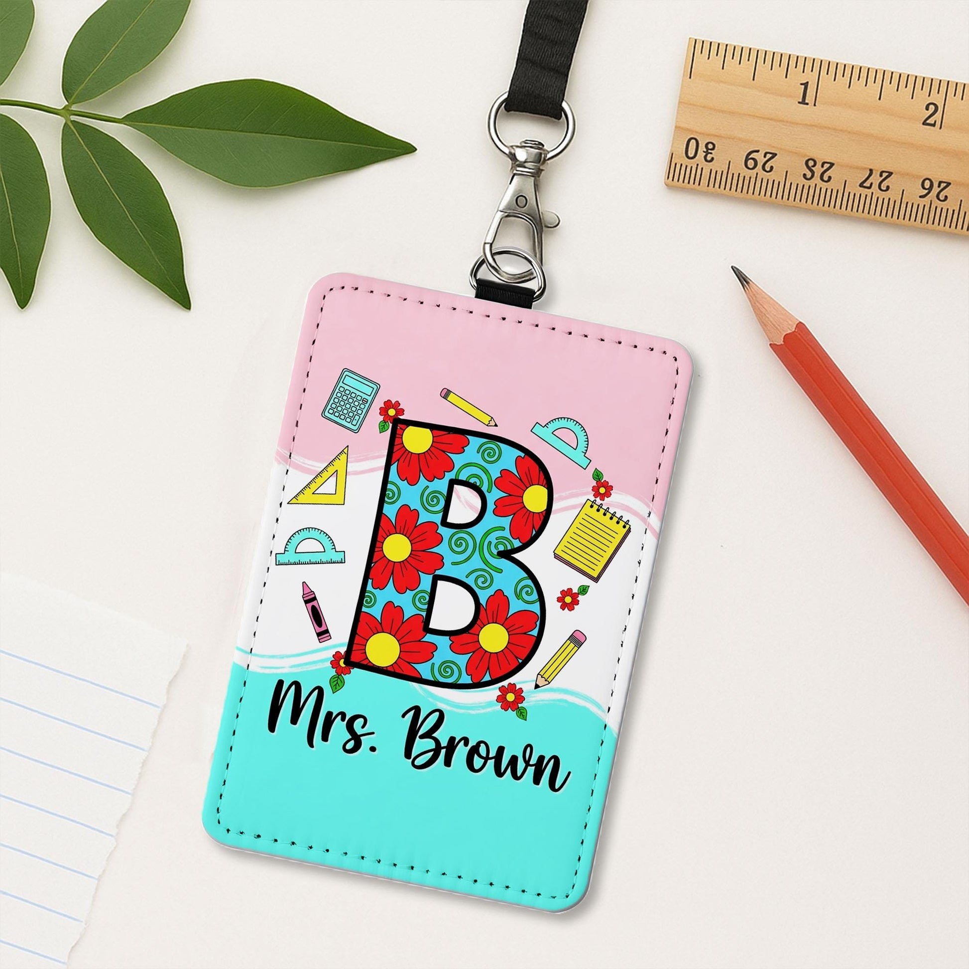 Personalized Letter Name Teacher Badge Holder, Floral Letter ID Tag, Custom Name Lanyard, Back to School Gift , Fun Classroom Style
