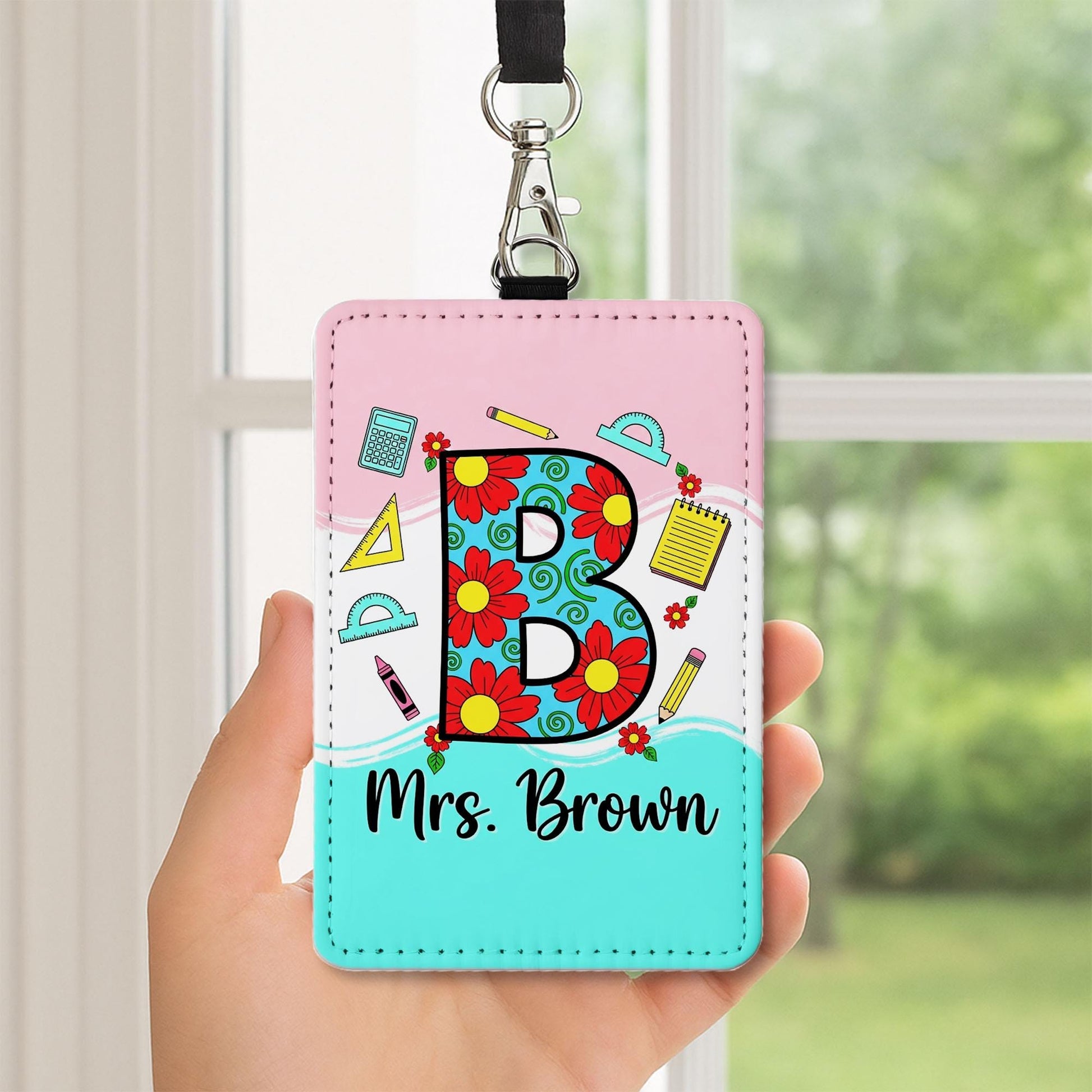 Personalized Letter Name Teacher Badge Holder, Floral Letter ID Tag, Custom Name Lanyard, Back to School Gift , Fun Classroom Style