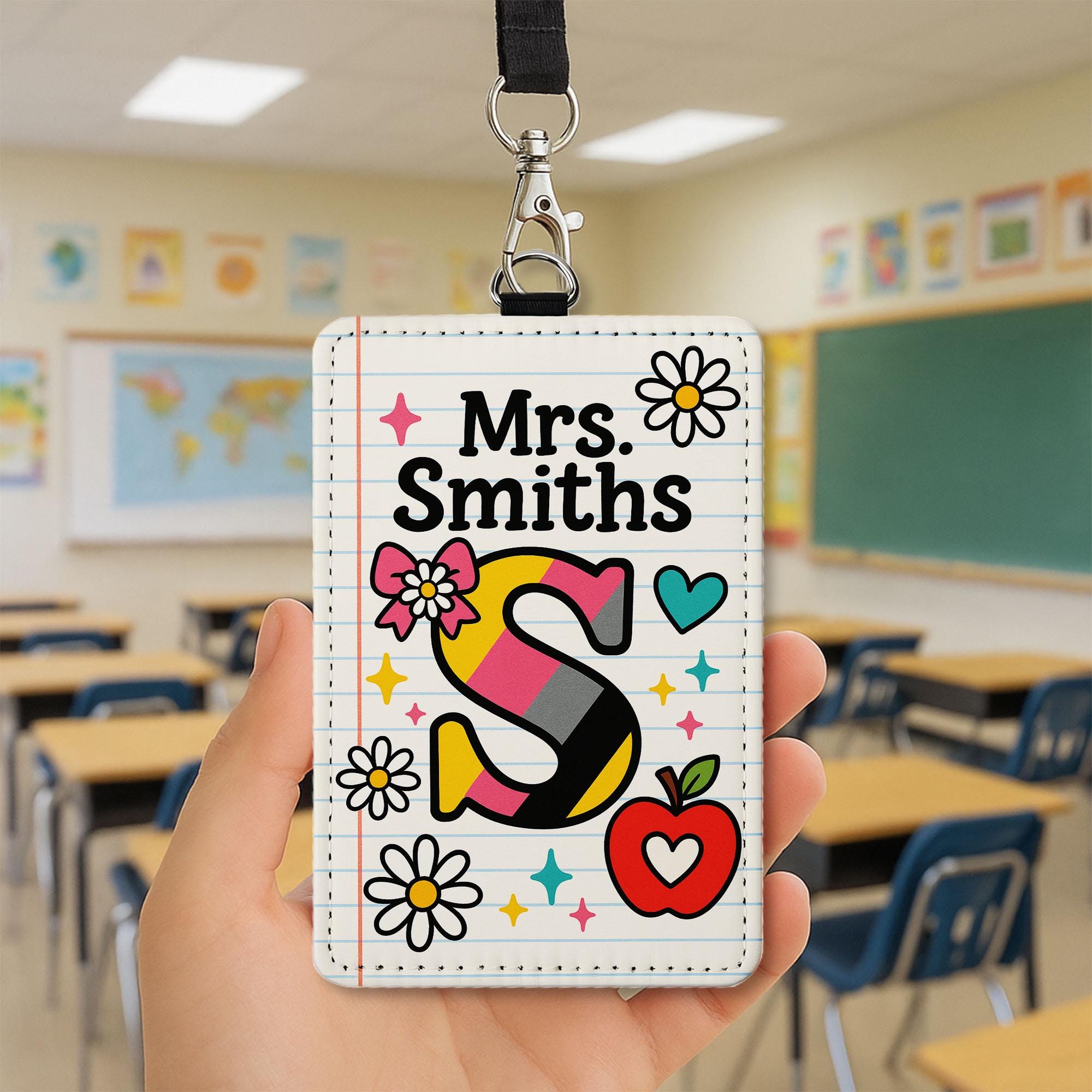 Personalized Teacher Name Badge Holder, Colorful Letter ID Tag, Cute Notebook Design Lanyard, Back to School Gift , Custom Leather ID