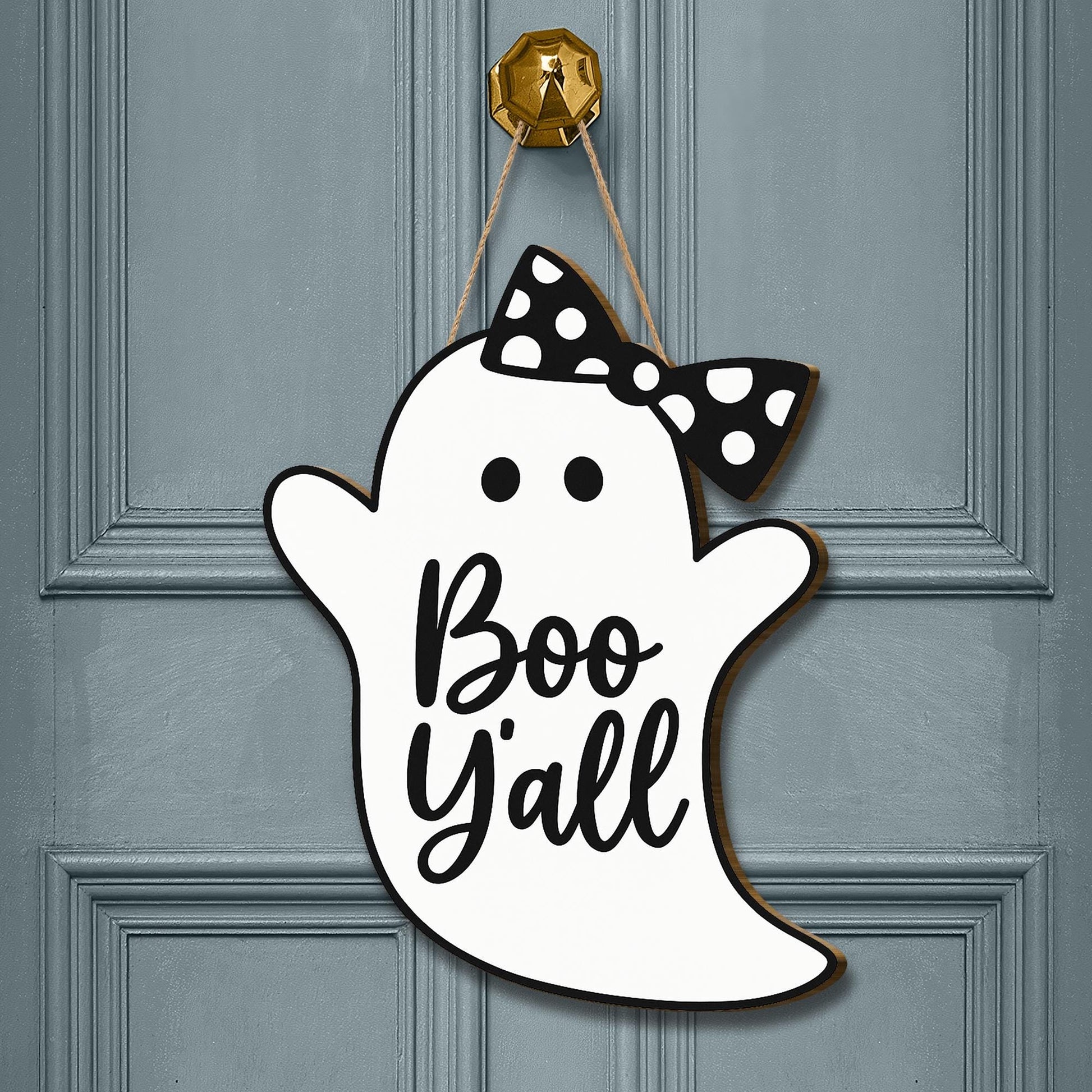 Boo Y’all Ghost Door Sign, Cute Halloween Porch Decor with Bow, Southern Halloween Wooden Hanging Sign, Rustic Ghost Wall Accent