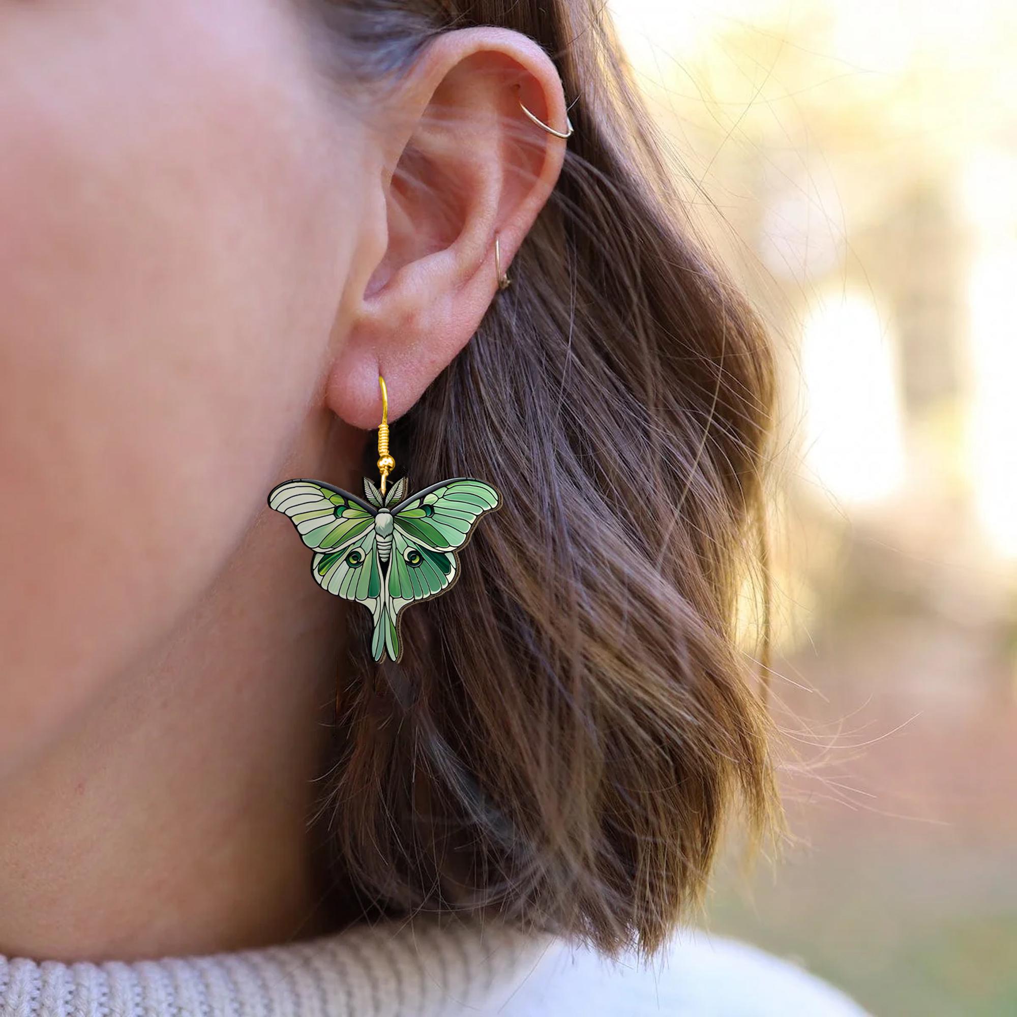 Luna Moth Earrings, Nature-Inspired Green Moth Jewelry, Lightweight Acrylic Woodland Dangle Earrings, Cottagecore Fairycore Gift