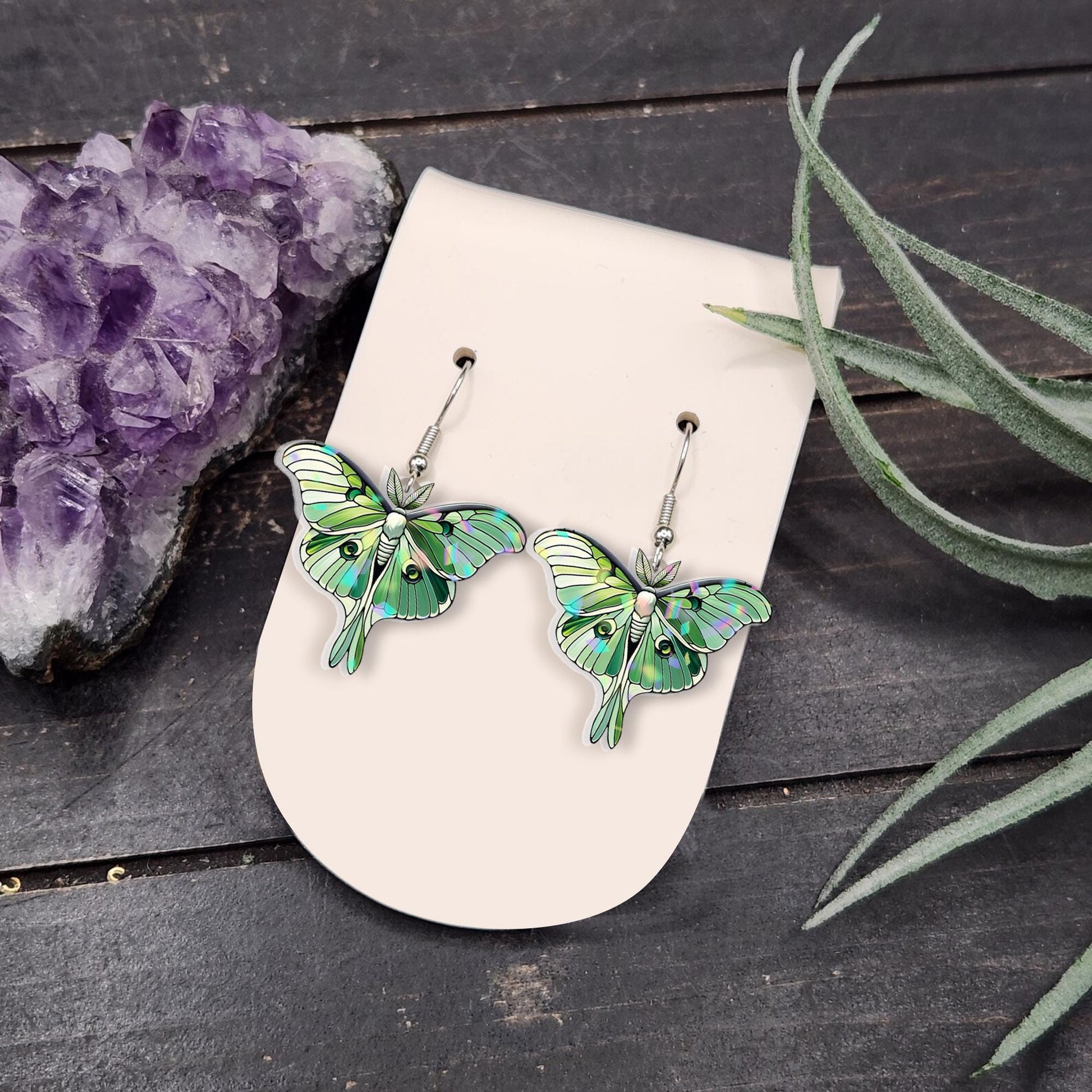 Luna Moth Earrings, Nature-Inspired Green Moth Jewelry, Lightweight Acrylic Woodland Dangle Earrings, Cottagecore Fairycore Gift
