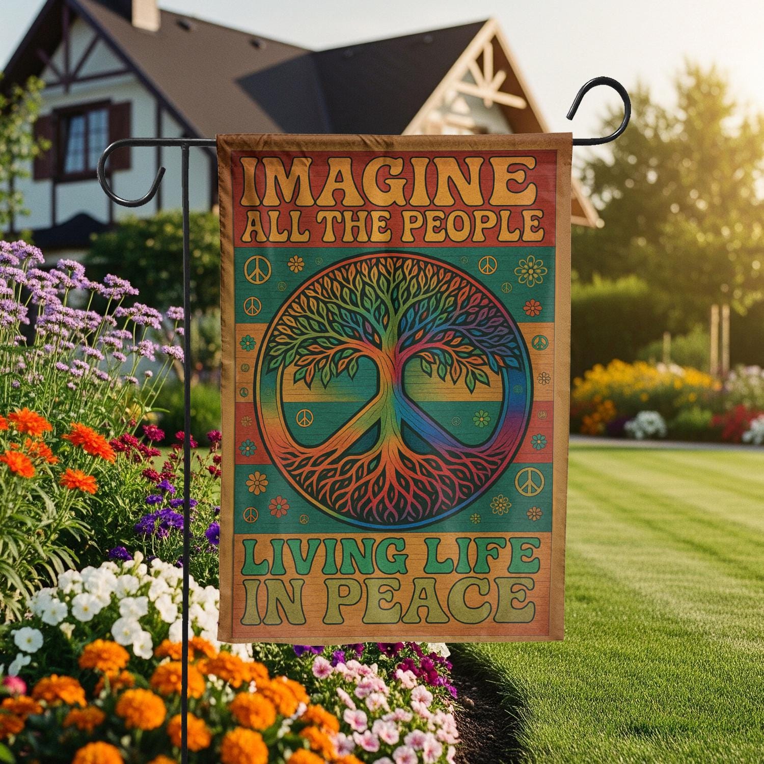 Peace Tree Garden Flag, Hippie Yard Decor with Imagine All The People Quote, Retro Outdoor Banner for Peaceful Home Vibes, tree of life flag