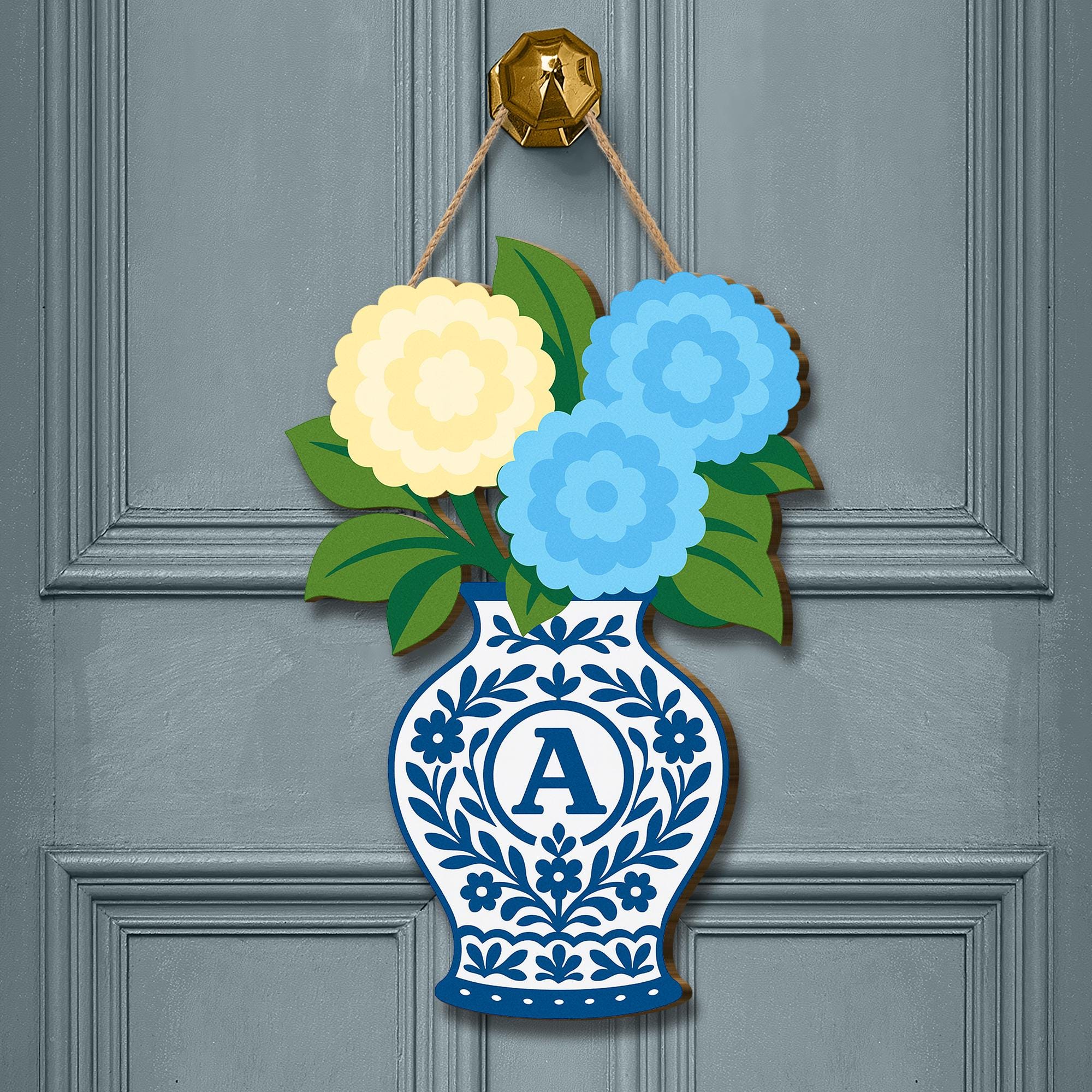 Hydrangea Chinoiserie Vase Monogram Door Hanger, Blue and White Floral Front Door Wooden Decor, Personalized Summer Door Sign