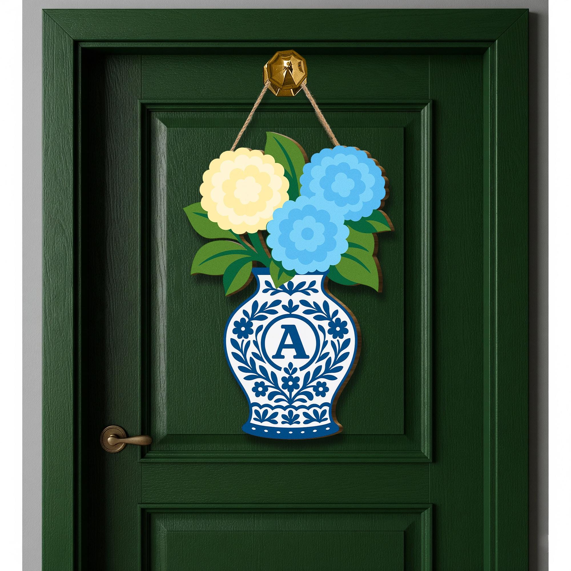 Hydrangea Chinoiserie Vase Monogram Door Hanger, Blue and White Floral Front Door Wooden Decor, Personalized Summer Door Sign