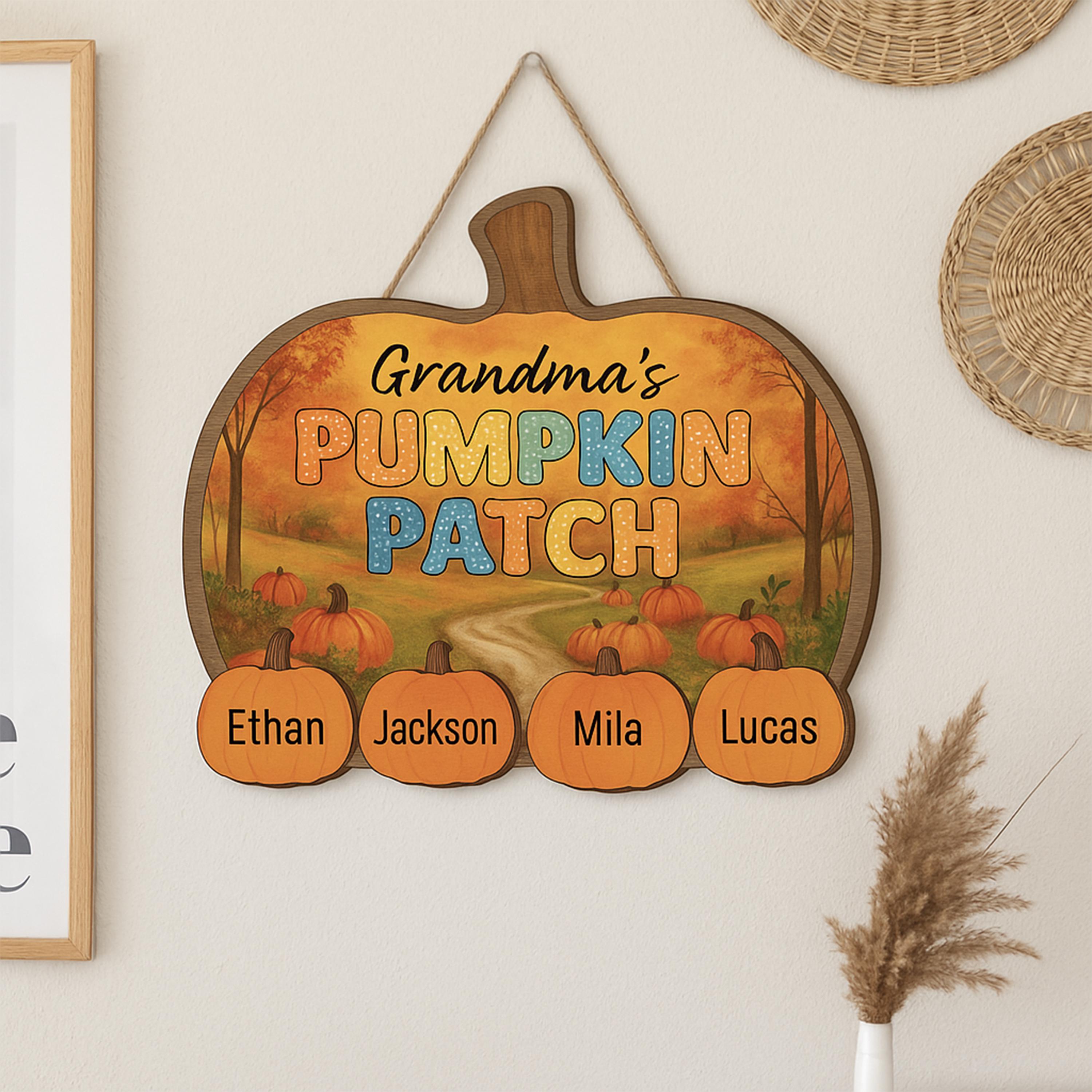 Personalized Grandma's Pumpkin Patch Sign, Custom Grandkids Names, 2 Layer Wood Fall Decor, Gift for Nana, Autumn Family Name Plaque
